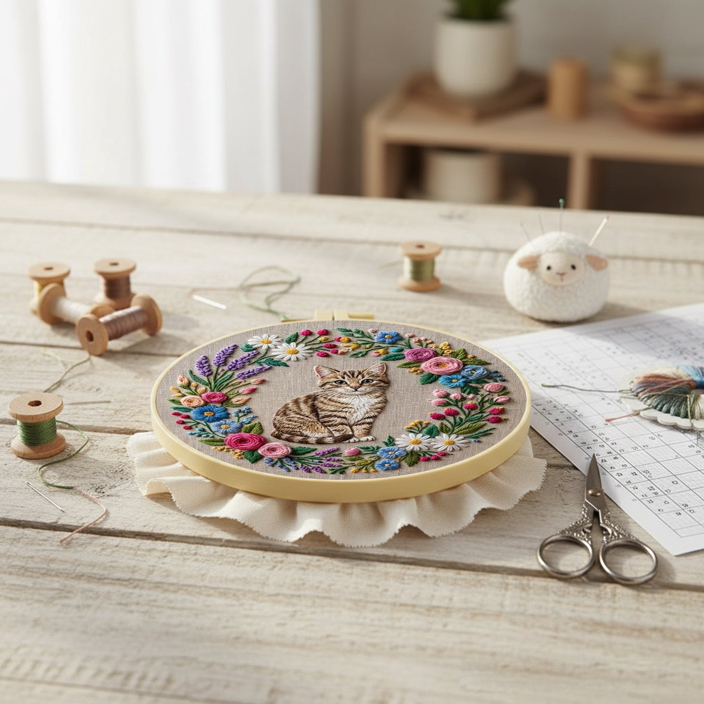 Wreath Cat - DIY Embroidery Cross Stitch Kit with Pattern Cotton Threads Needles Hoop 30x30CM/11.81x11.81in