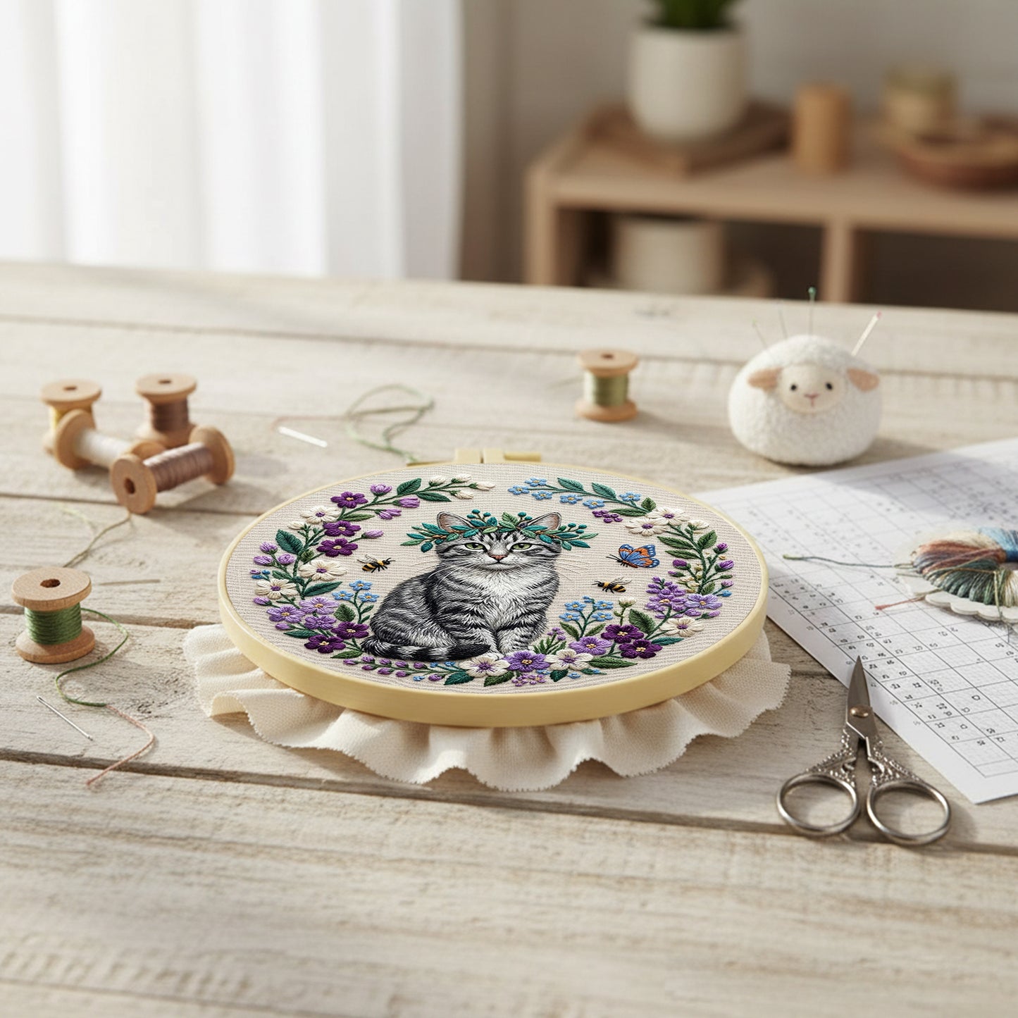 Garden Cat - DIY Embroidery Cross Stitch Kit with Pattern Cotton Threads Needles Hoop 30x30CM/11.81x11.81in