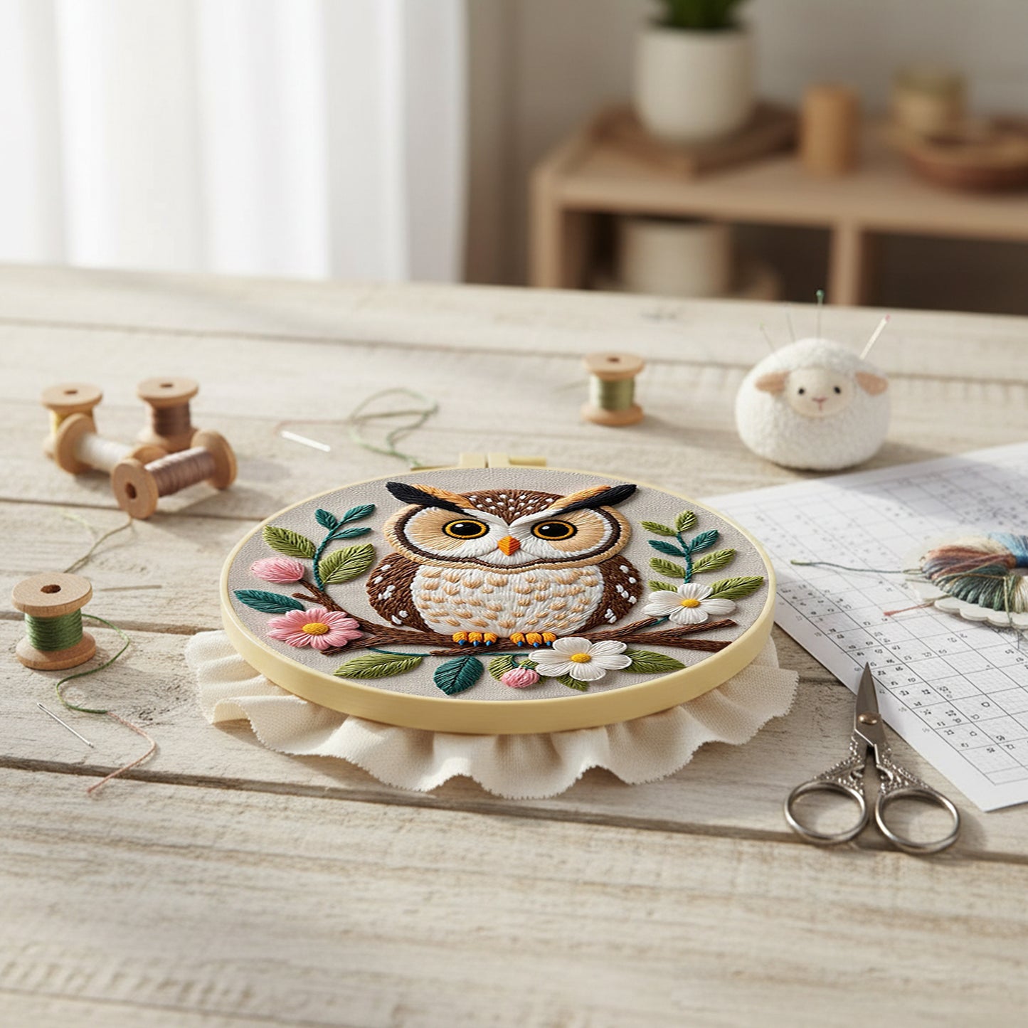 Owl - DIY Embroidery Cross Stitch Kit with Pattern Cotton Threads Needles Hoop 29x29CM/11.42x11.42in