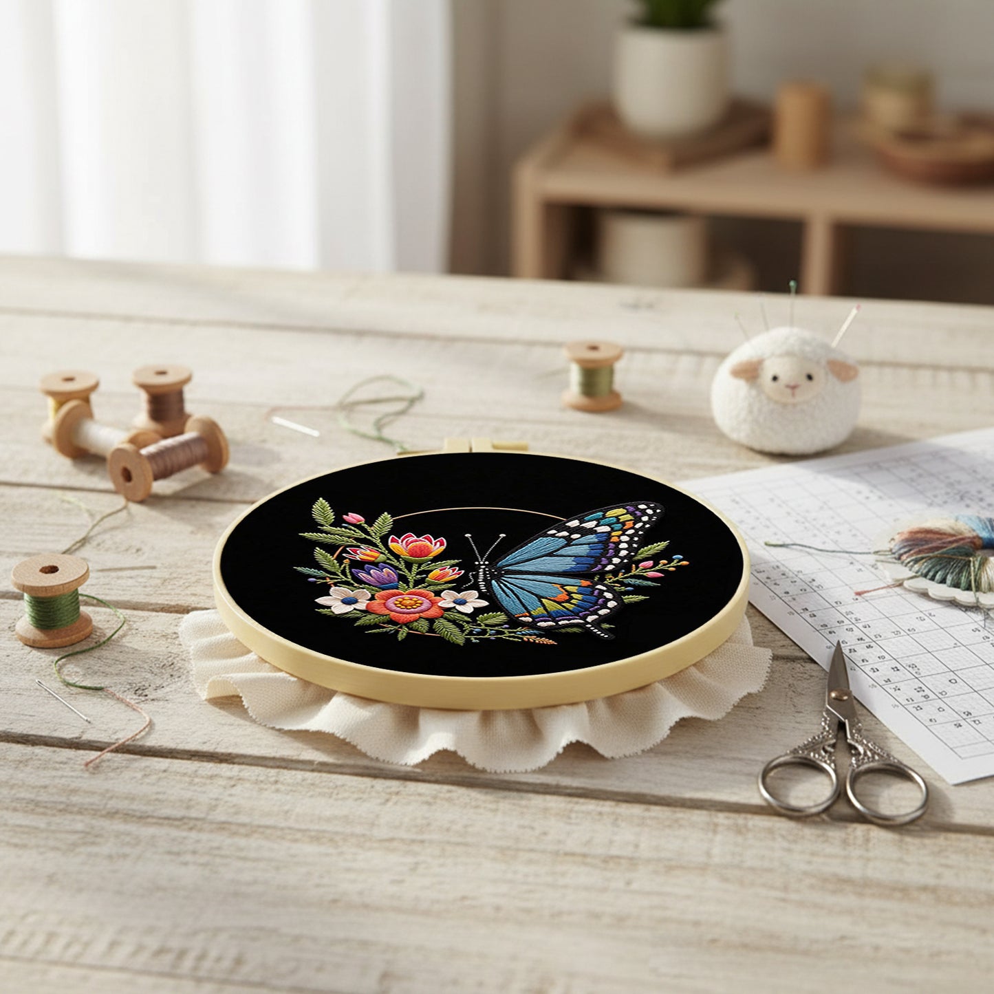Blue Butterfly - DIY Embroidery Cross Stitch Kit with Pattern Cotton Threads Needles Hoop 29x29CM/11.42x11.42in