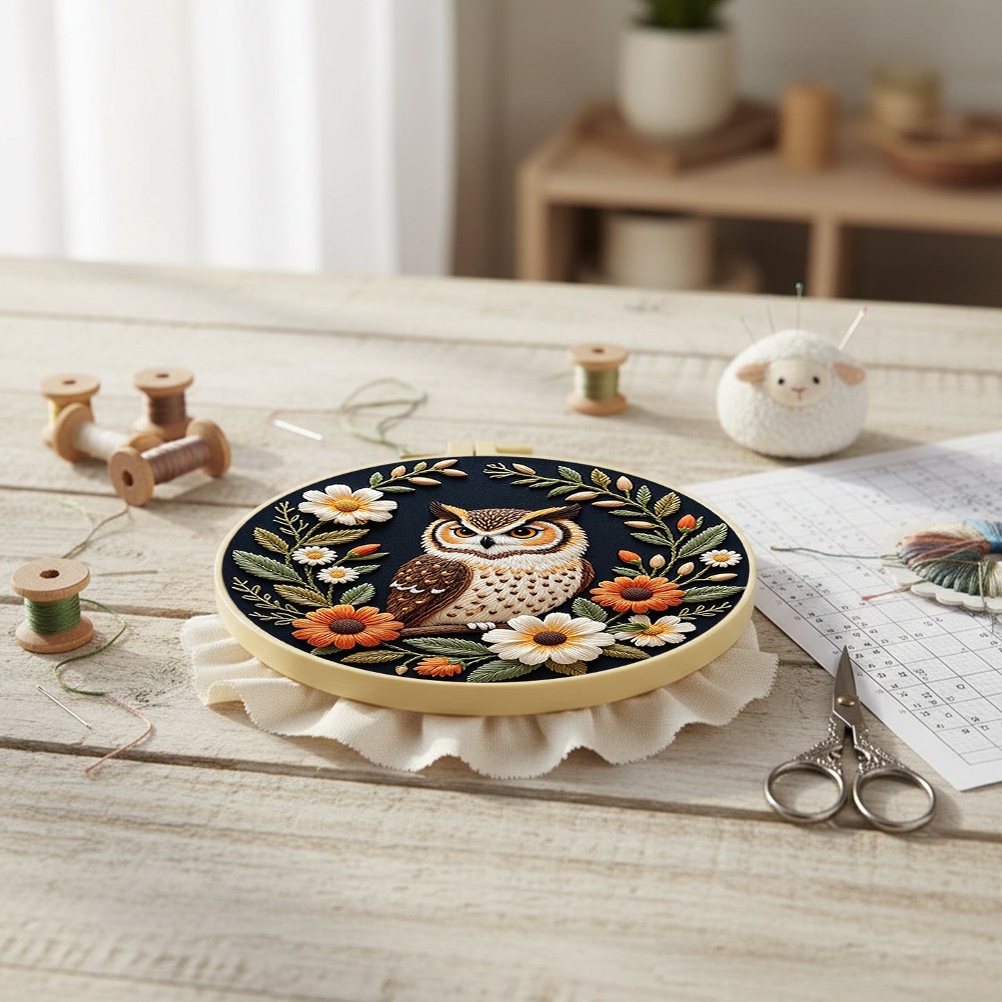 Wreath Owl - DIY Embroidery Cross Stitch Kit with Pattern Cotton Threads Needles Hoop 29x29CM/11.42x11.42in