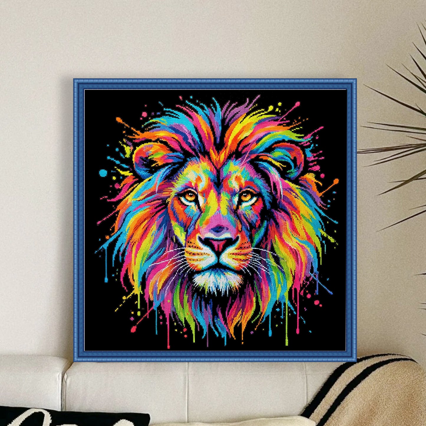 Colorful Splash Lion - Full 14CT Stamped Cross Stitch 30x30CM - Huacan