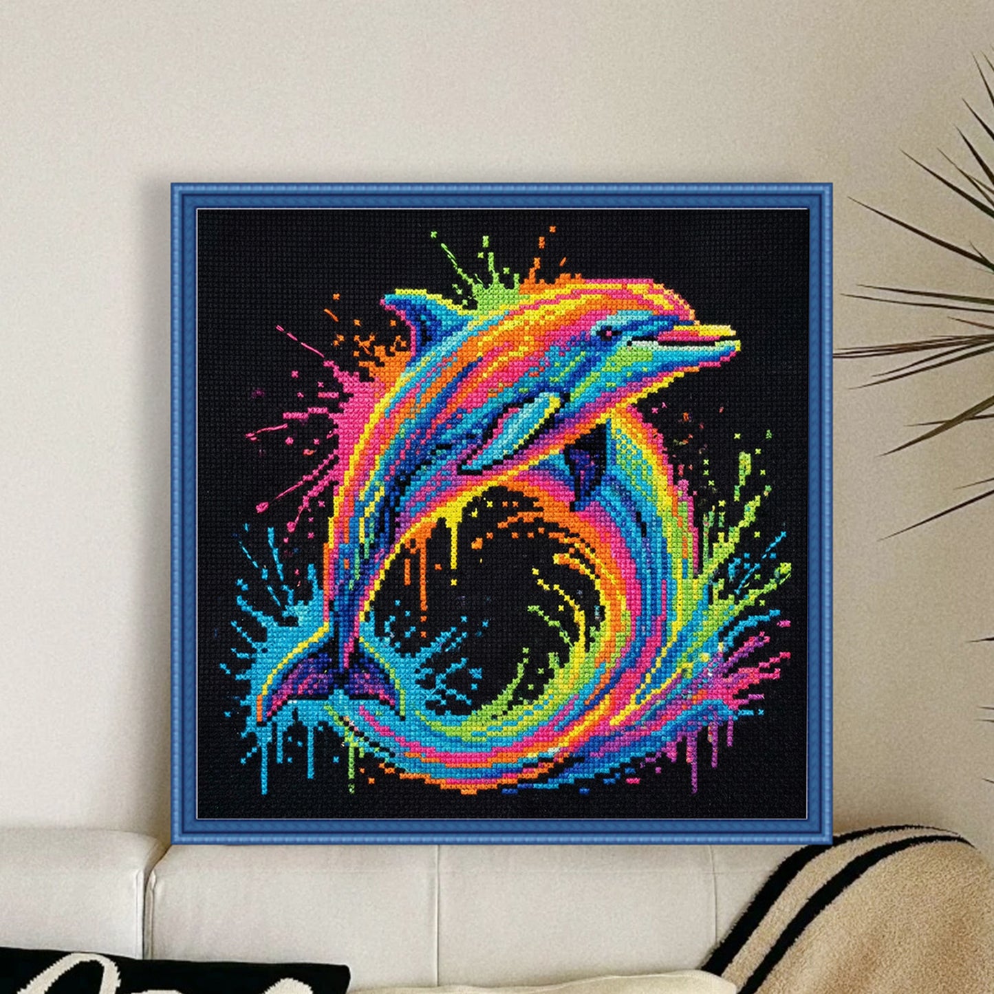 Colorful Splash Dolphin - Full 14CT Stamped Cross Stitch 30x30CM - Huacan