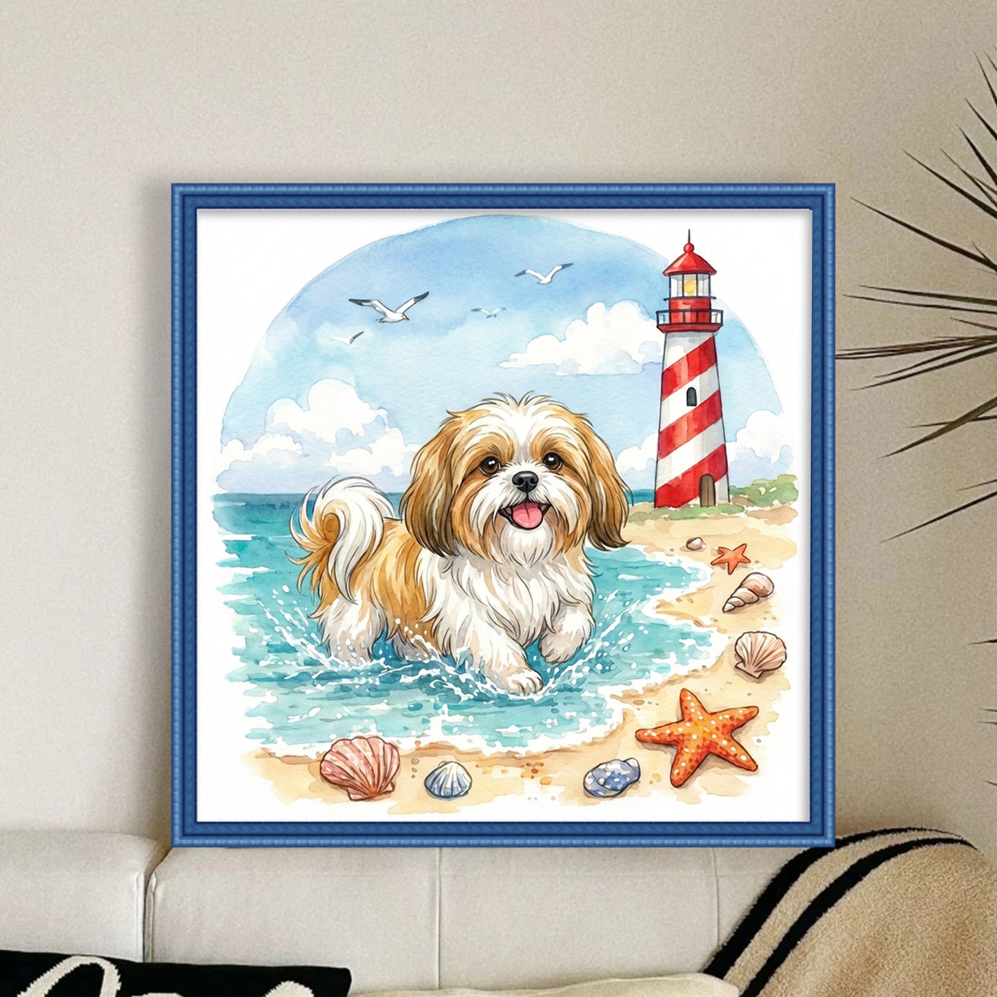 Shih Tzu By The Sea-Dog - Full 14CT Stamped Cross Stitch 30x30CM - Huacan