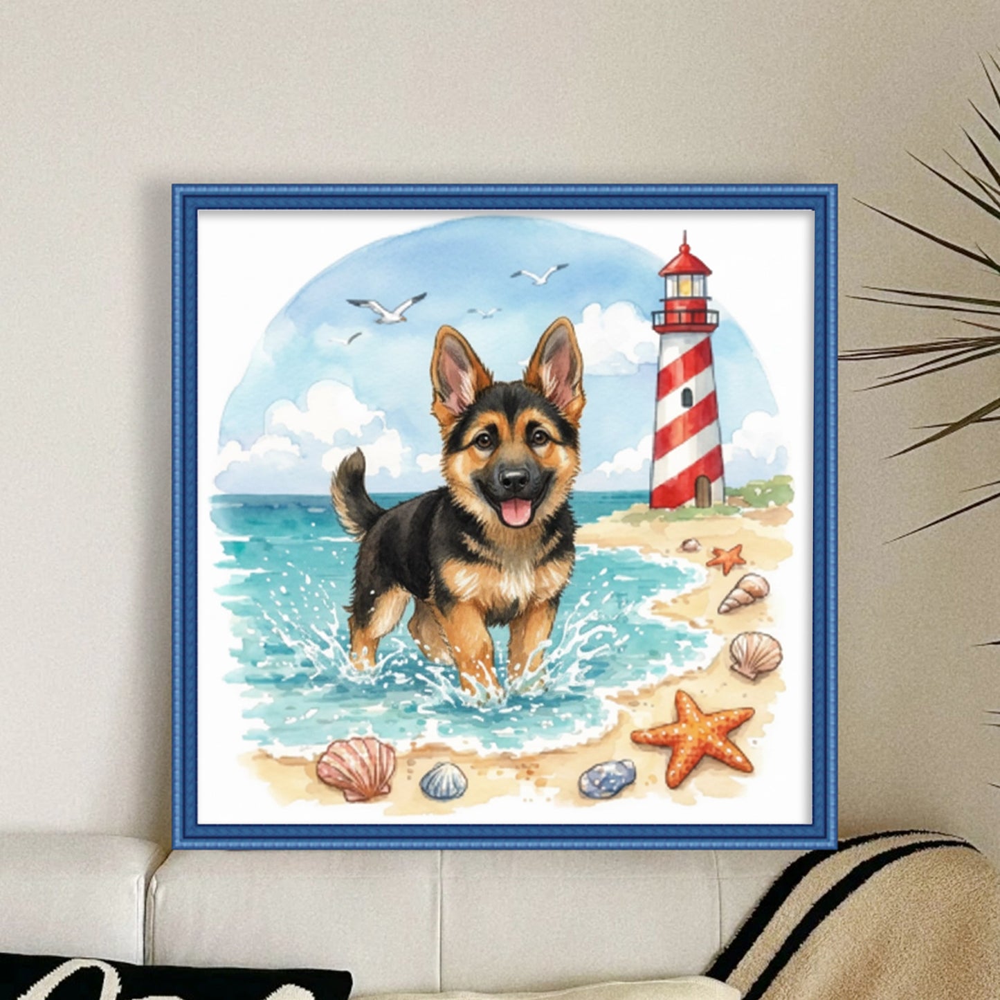 German Shepherd By The Sea-Dog - Full 14CT Stamped Cross Stitch 30x30CM - Huacan
