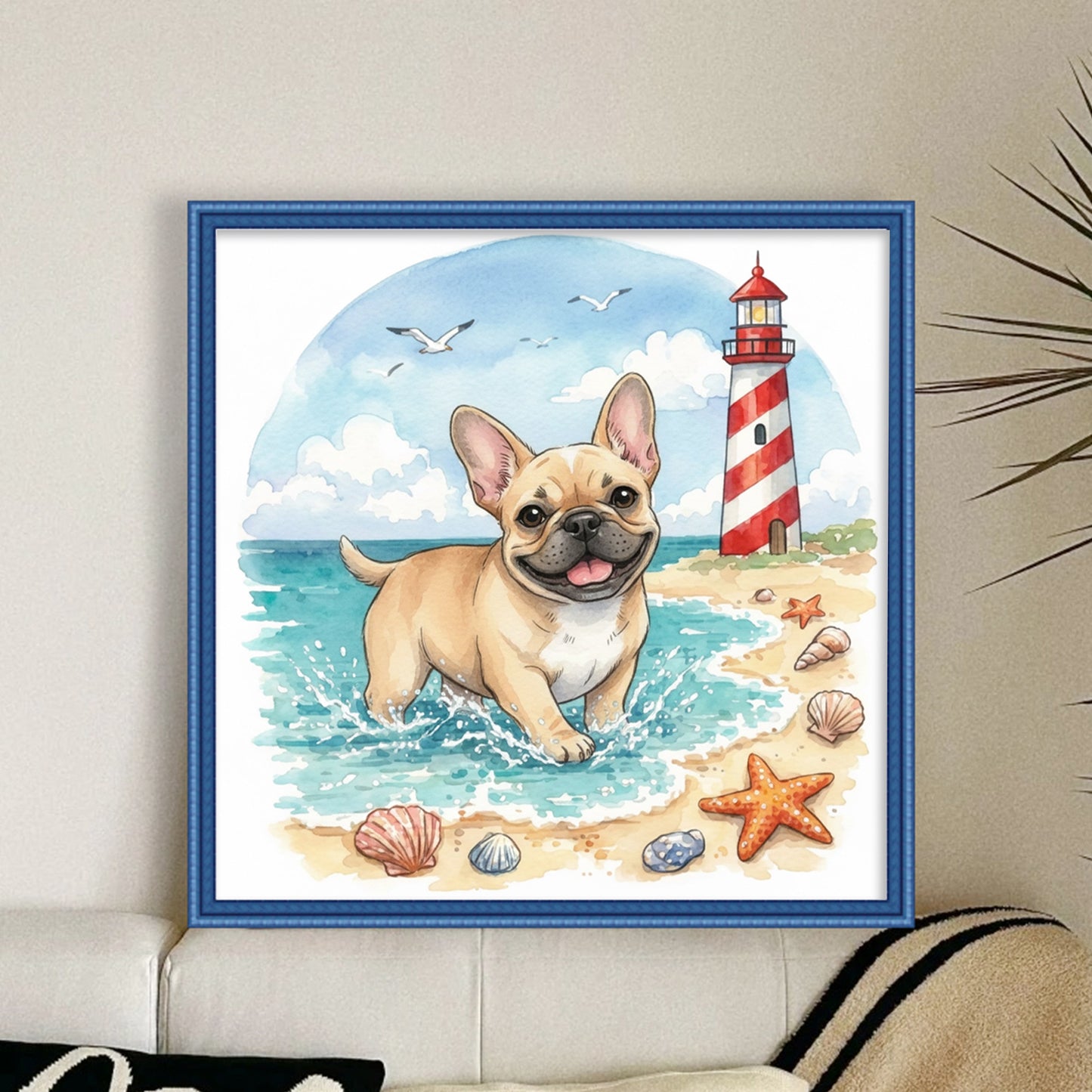 French Bulldog By The Sea-Dog - Full 14CT Stamped Cross Stitch 30x30CM - Huacan