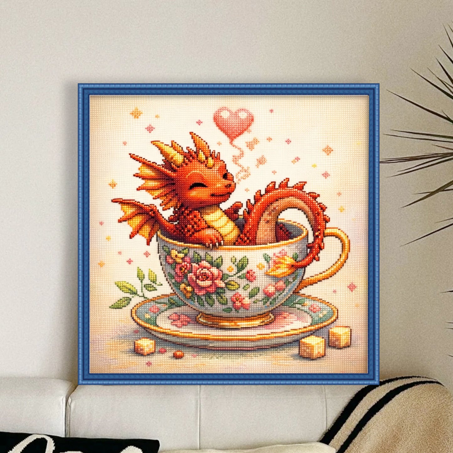 Fire Dragon In Teacup - Full 14CT Stamped Cross Stitch 40x40CM - Huacan