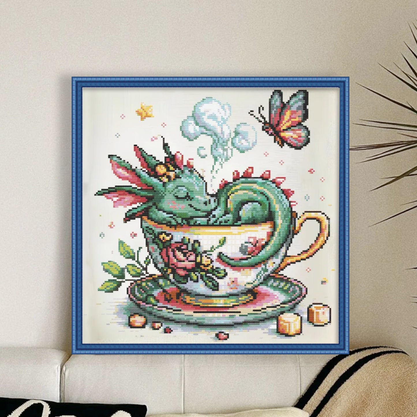 Green Dragon In Teacup - Full 14CT Stamped Cross Stitch 40x40CM - Huacan