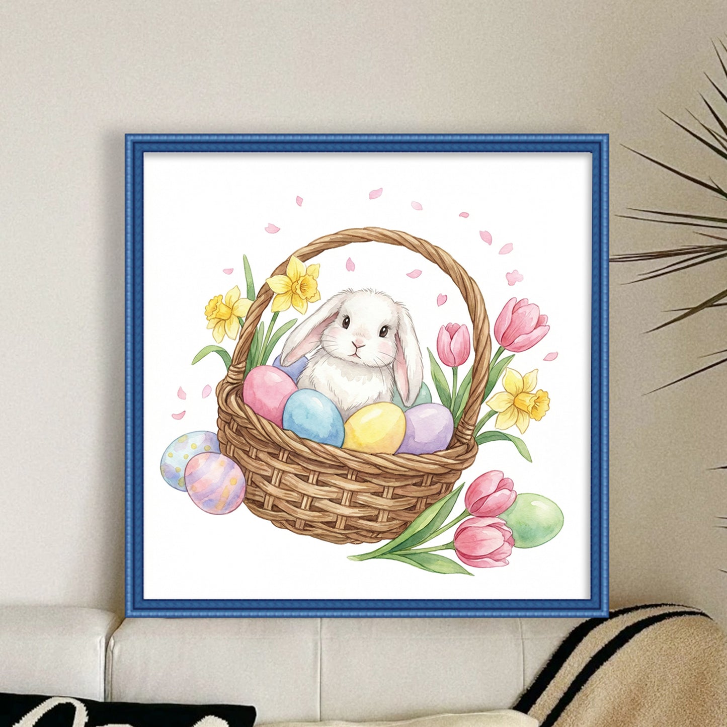 Rabbit With Easter Egg Basket - Full 14CT Stamped Cross Stitch 30x30CM - Huacan