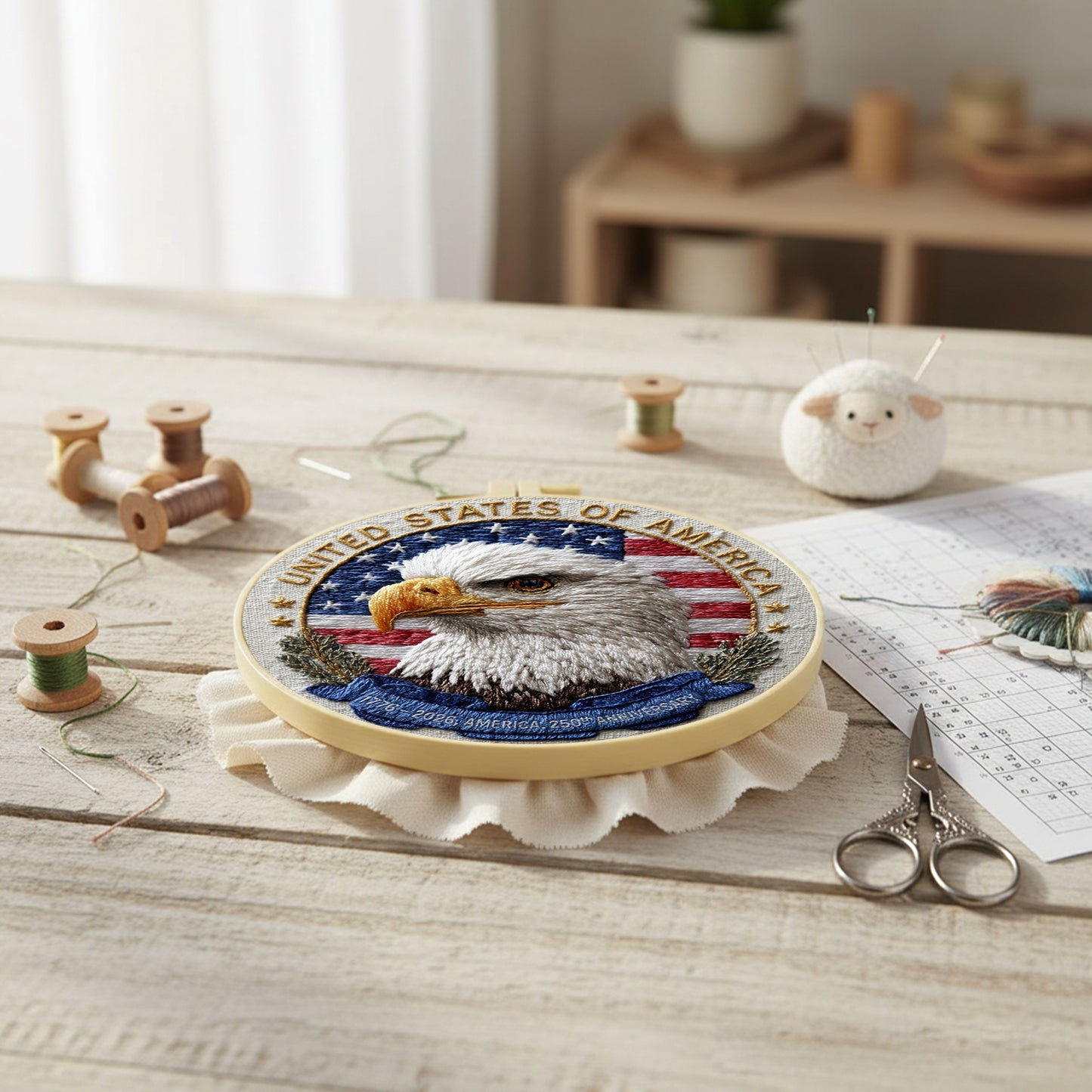 Independence Day - DIY Embroidery Cross Stitch Kit with Pattern Cotton Threads Needles Hoop 30x30CM/11.81x11.81in