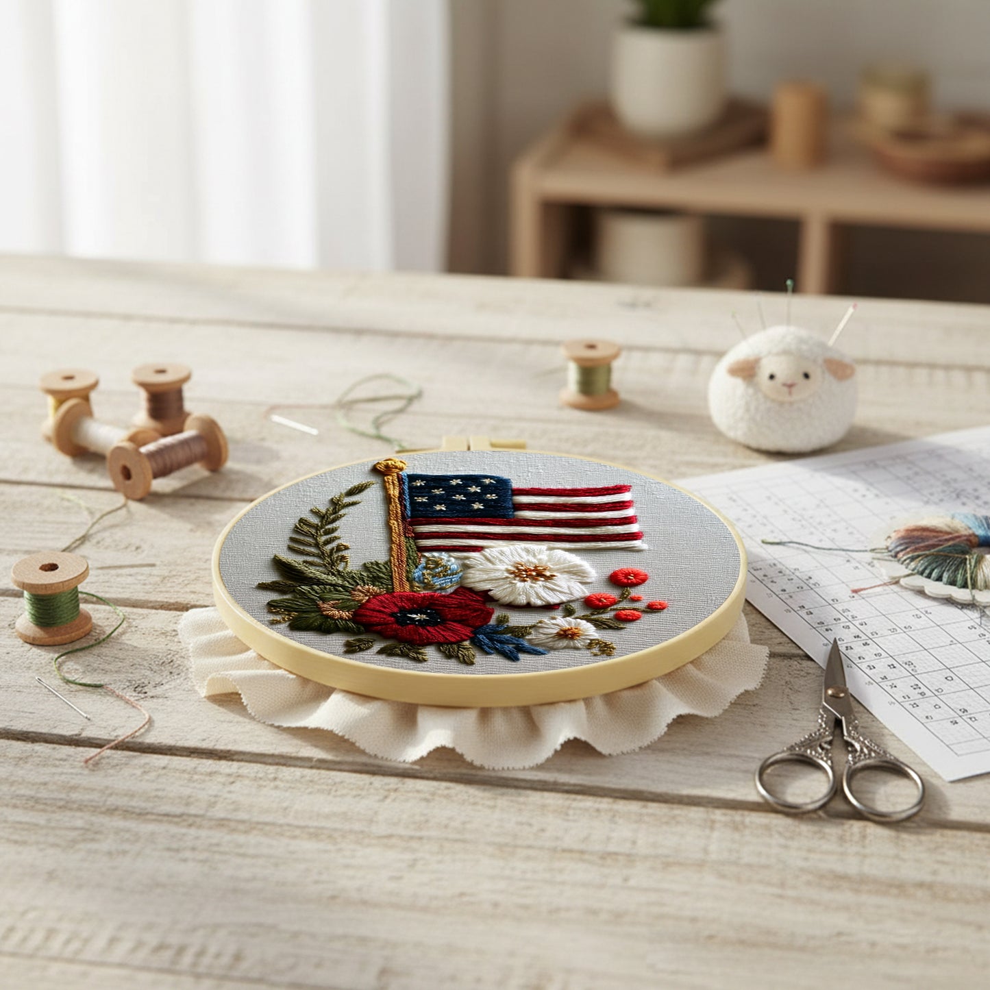 Independence Day - DIY Embroidery Cross Stitch Kit with Pattern Cotton Threads Needles Hoop 30x30CM/11.81x11.81in