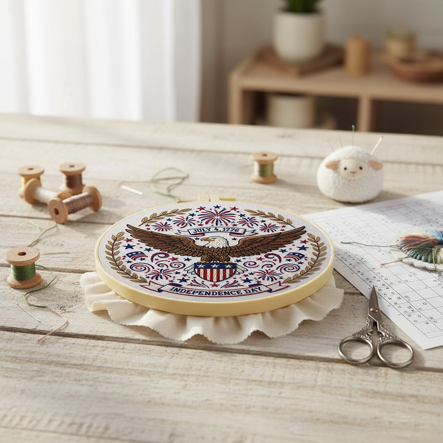 Independence Day - DIY Embroidery Cross Stitch Kit with Pattern Cotton Threads Needles Hoop 29x29CM/11.42x11.42in