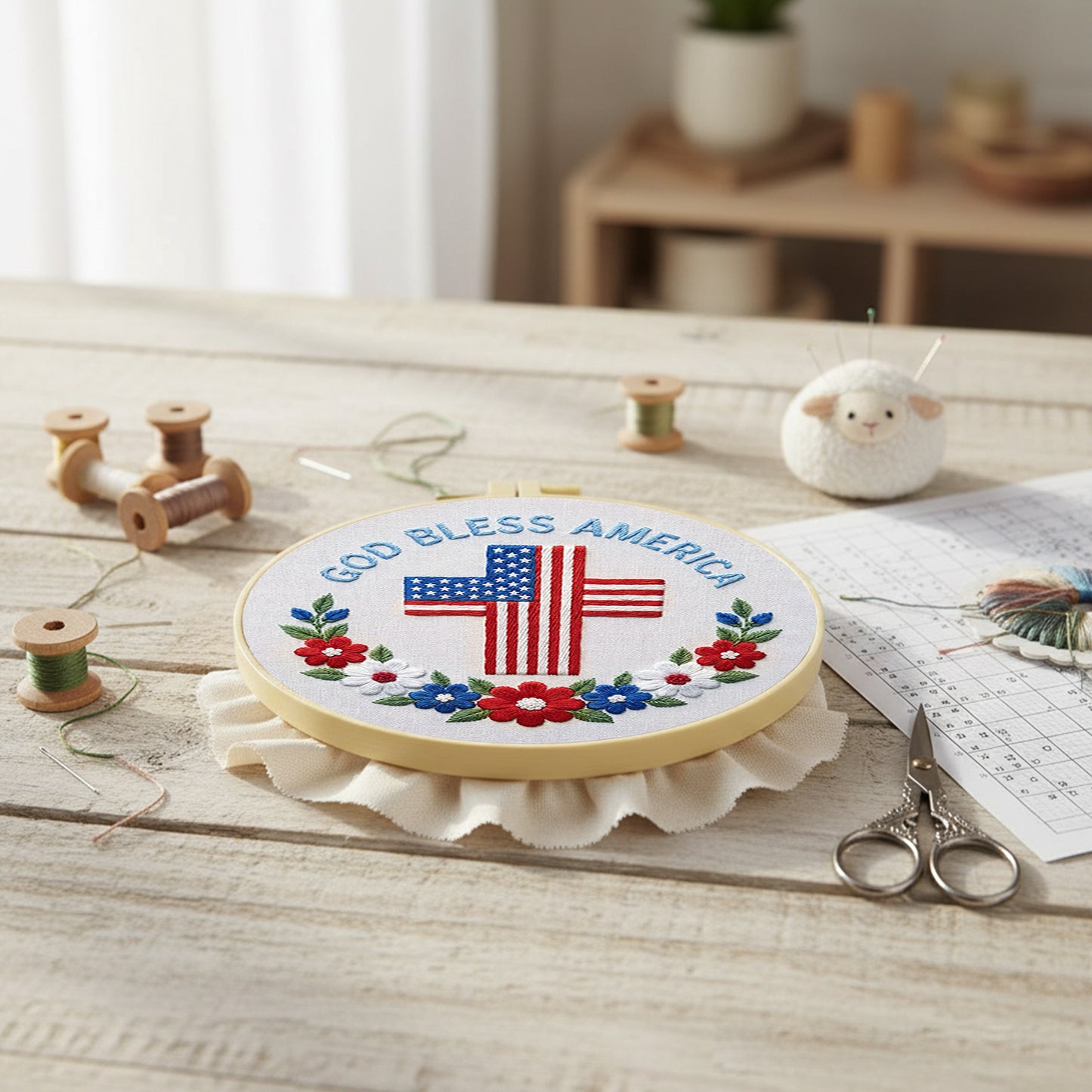 Independence Day - DIY Embroidery Cross Stitch Kit with Pattern Cotton Threads Needles Hoop 29x29CM/11.42x11.42in