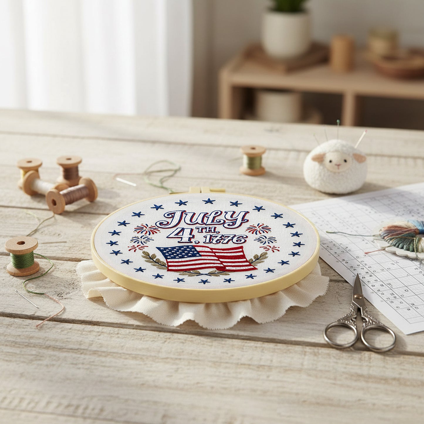 Independence Day - DIY Embroidery Cross Stitch Kit with Pattern Cotton Threads Needles Hoop 29x29CM/11.42x11.42in