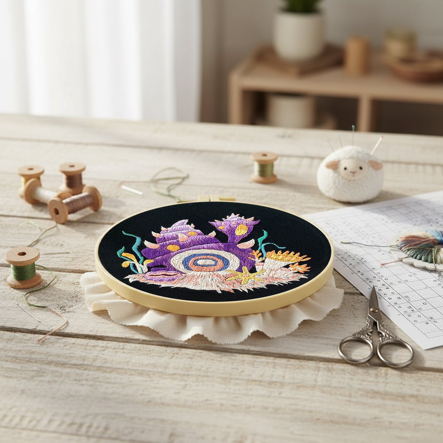 Purple Conch - DIY Embroidery Cross Stitch Kit with Pattern Cotton Threads Needles Hoop 30x30CM/11.81x11.81in