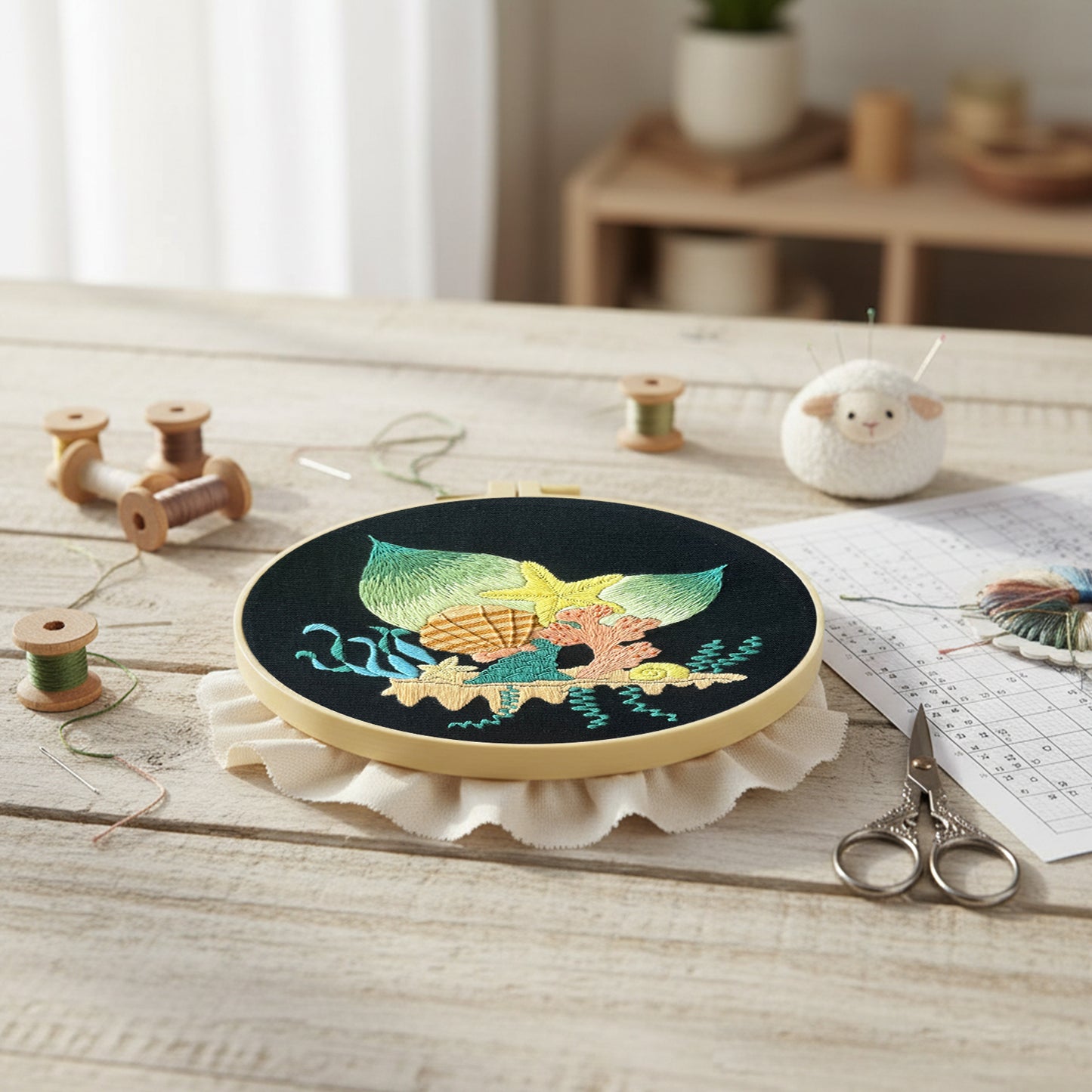 Pastel Seabed Garden - DIY Embroidery Cross Stitch Kit with Pattern Cotton Threads Needles Hoop 30x30CM/11.81x11.81in