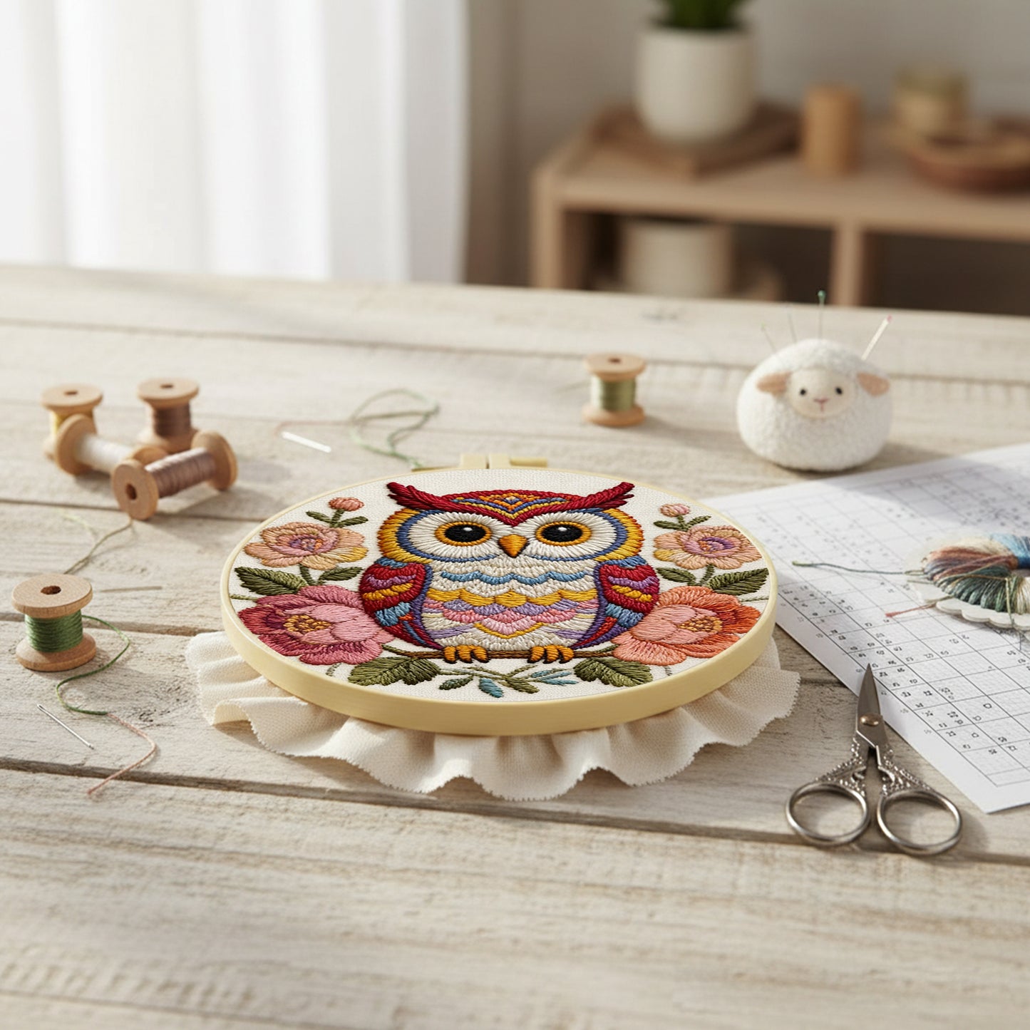 Owl Blooms - DIY Embroidery Cross Stitch Kit with Pattern Cotton Threads Needles Hoop 29x29CM/11.42x11.42in