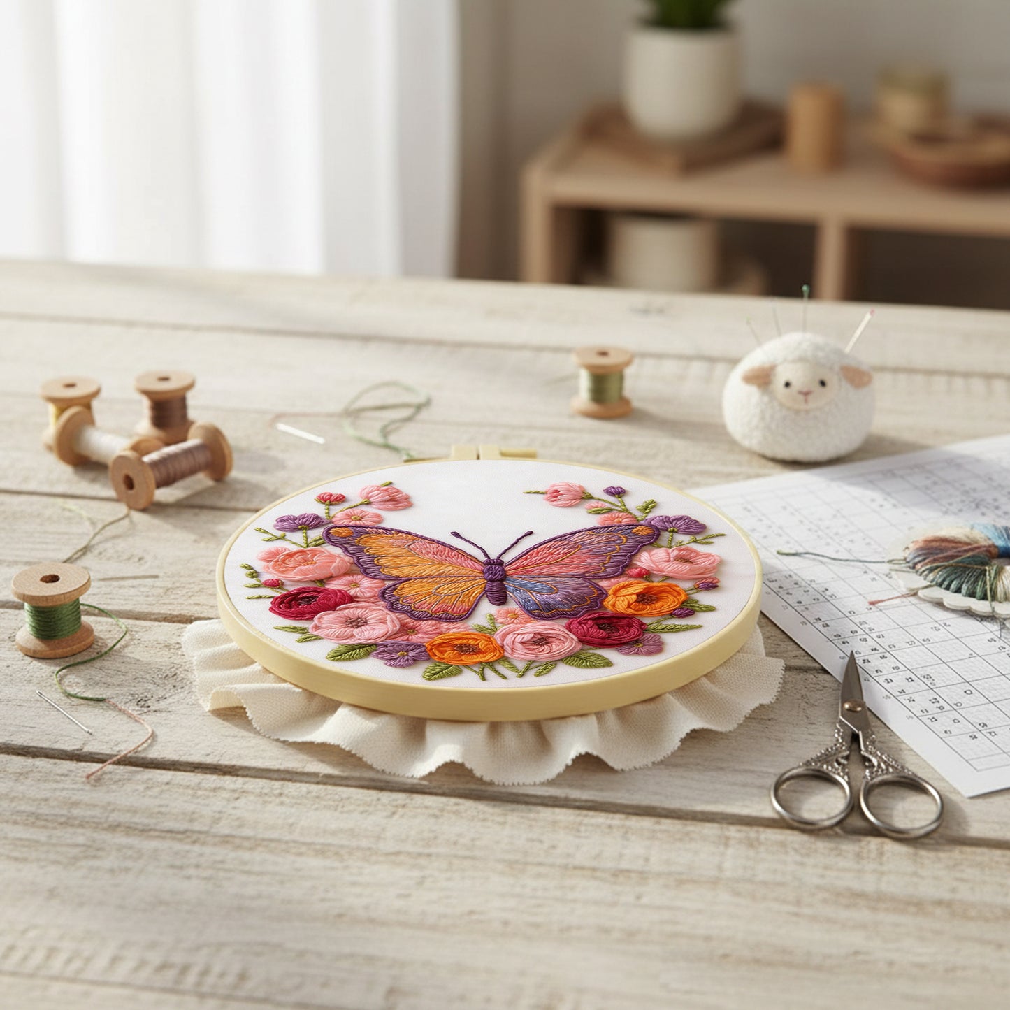 Butterfly Garden - DIY Embroidery Cross Stitch Kit with Pattern Cotton Threads Needles Hoop 29x29CM/11.42x11.42in