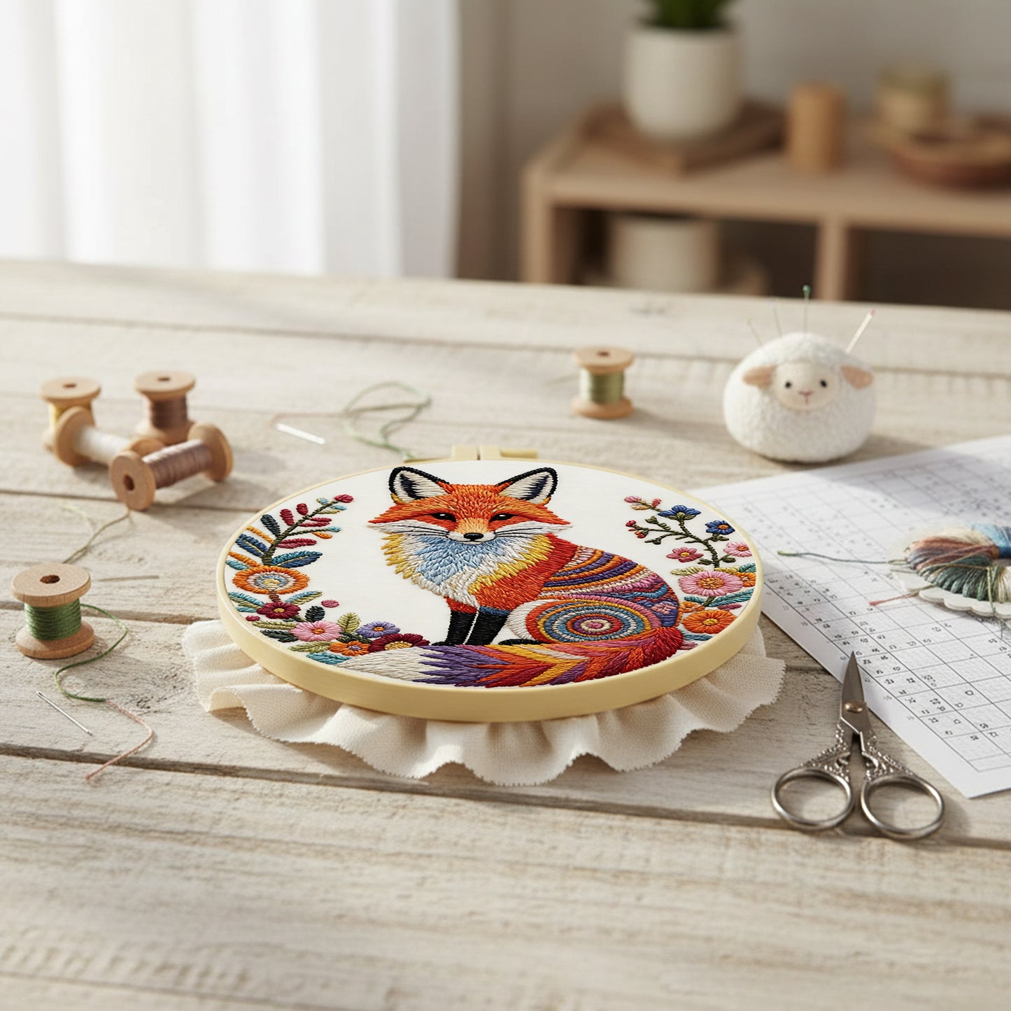 Colorful Reynard - DIY Embroidery Cross Stitch Kit with Pattern Cotton Threads Needles Hoop 29x29CM/11.42x11.42in