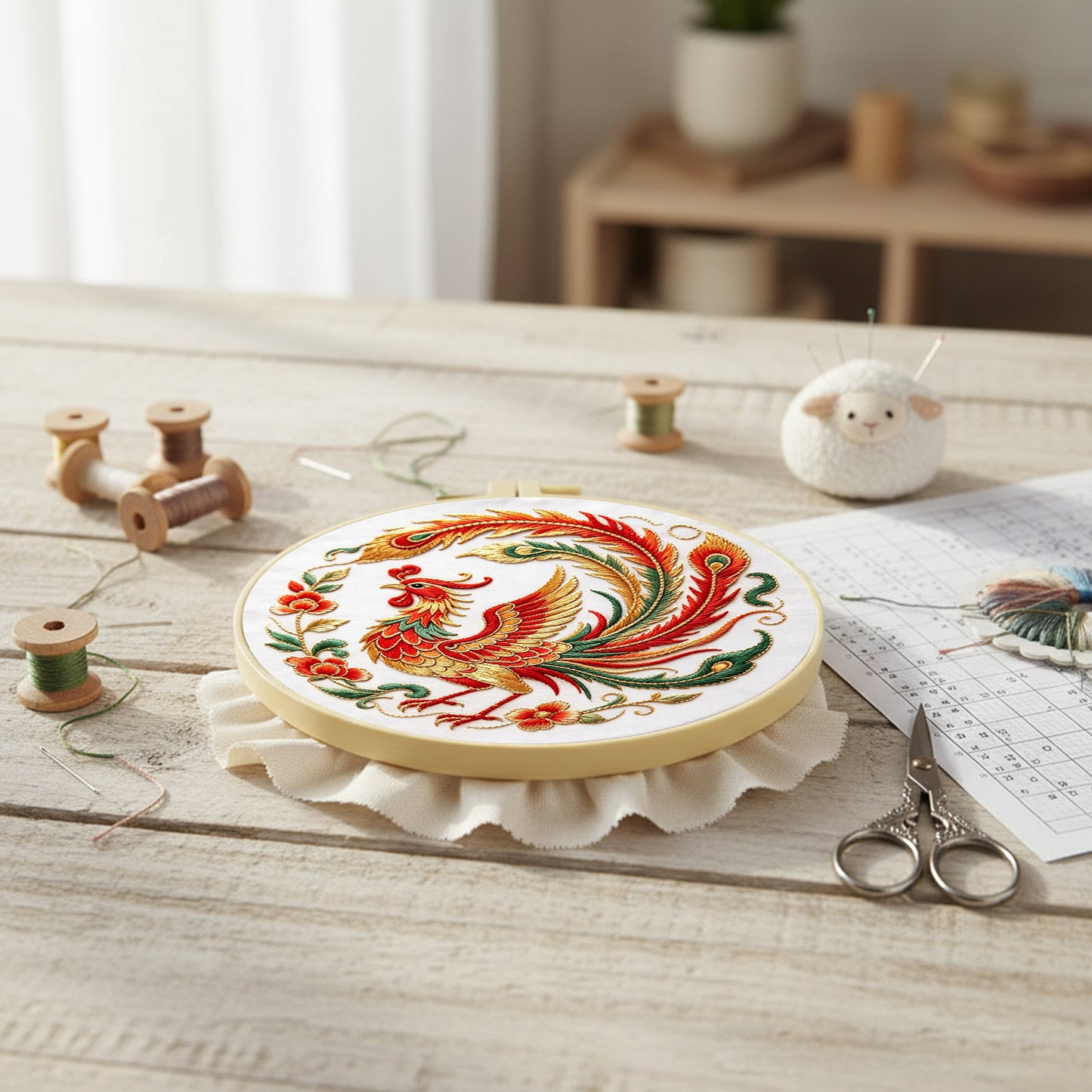 Phoenix Bloom - DIY Embroidery Cross Stitch Kit with Pattern Cotton Threads Needles Hoop 29x29CM/11.42x11.42in