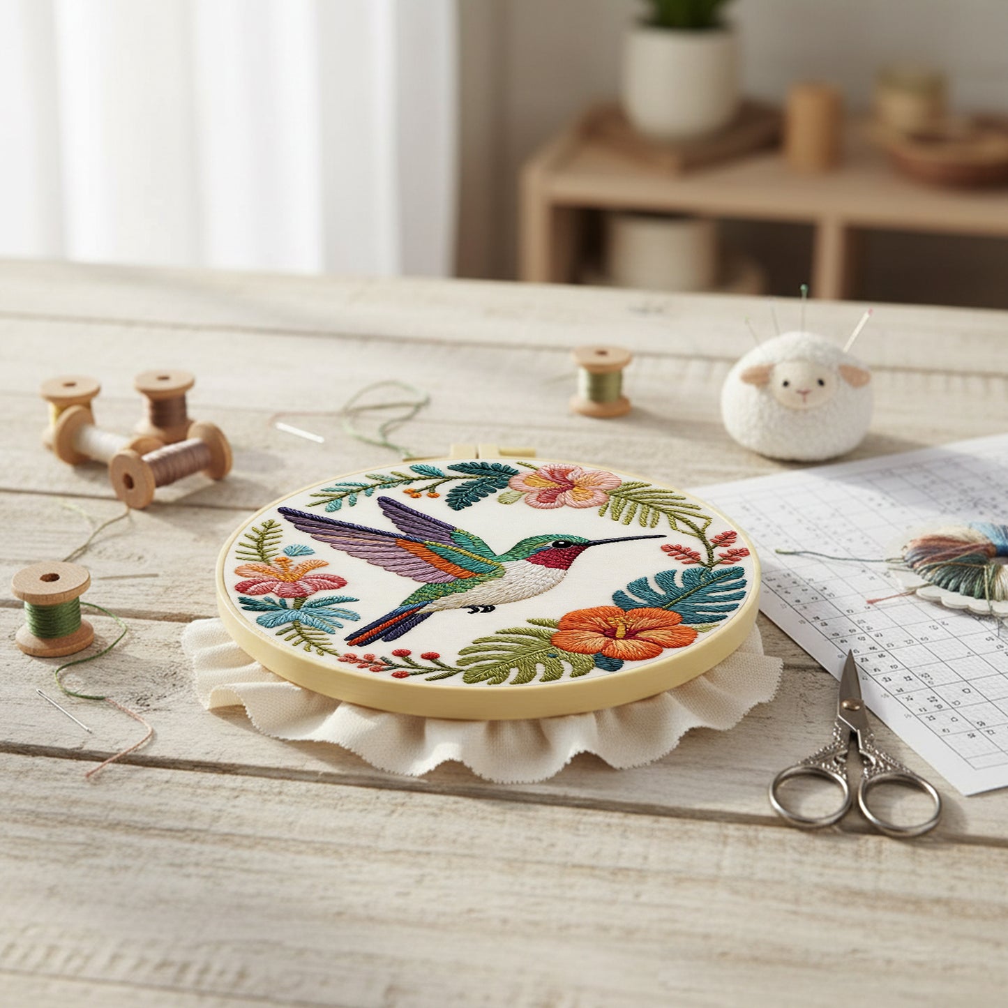 Hummingbird Garden - DIY Embroidery Cross Stitch Kit with Pattern Cotton Threads Needles Hoop 29x29CM/11.42x11.42in