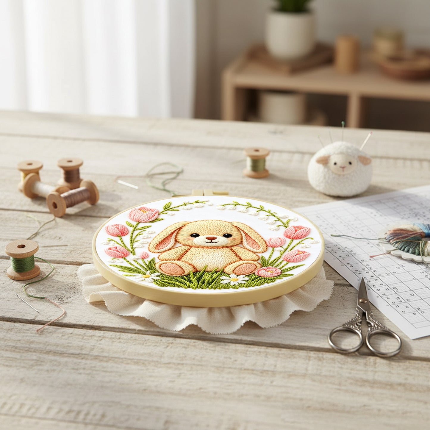 Rabbit - DIY Embroidery Cross Stitch Kit with Pattern Cotton Threads Needles Hoop 29x29CM/11.42x11.42in