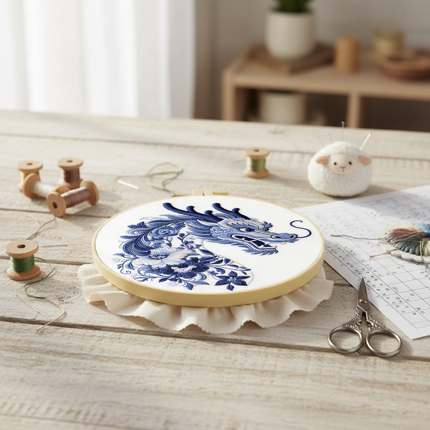 Blue Dragon - DIY Embroidery Cross Stitch Kit with Pattern Cotton Threads Needles Hoop 29x29CM/11.42x11.42in