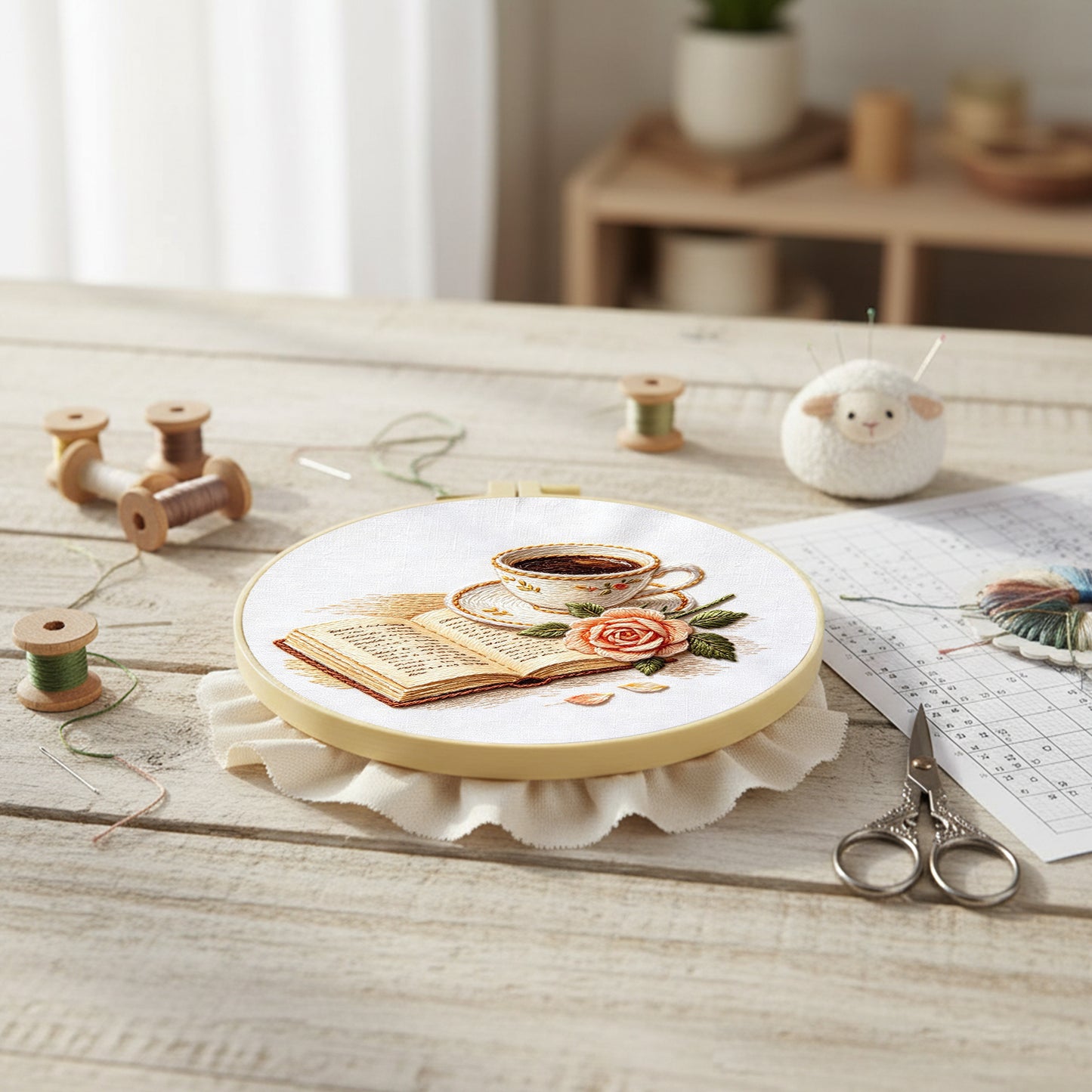 Coffee And Pages - DIY Embroidery Cross Stitch Kit with Pattern Cotton Threads Needles Hoop 29x29CM/11.42x11.42in