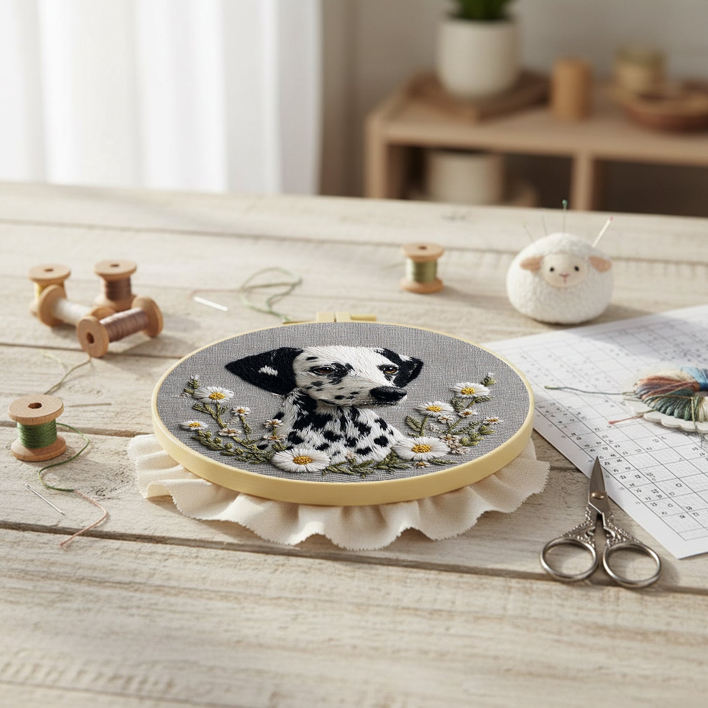 Dalmatian Daisy - DIY Embroidery Cross Stitch Kit with Pattern Cotton Threads Needles Hoop 30x30CM/11.81x11.81in