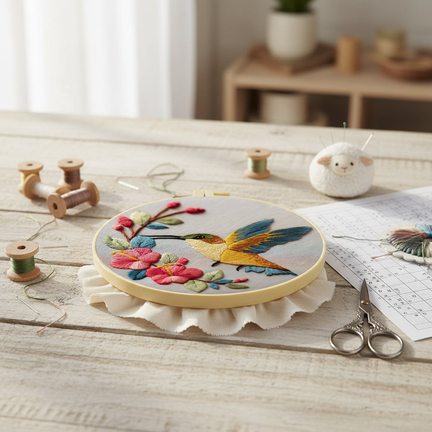 Golden Hummingbird - DIY Embroidery Cross Stitch Kit with Pattern Cotton Threads Needles Hoop 30x30CM/11.81x11.81in