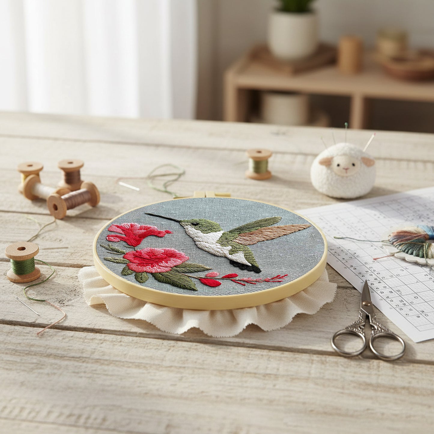 Green Hummingbird - DIY Embroidery Cross Stitch Kit with Pattern Cotton Threads Needles Hoop 30x30CM/11.81x11.81in