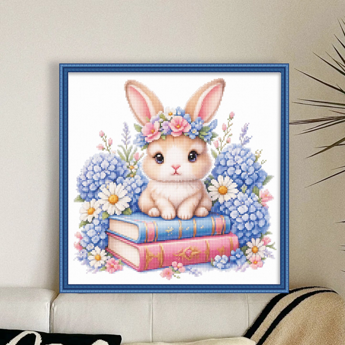 Rabbit, Books And Flowers - Full 14CT Stamped Cross Stitch 30x30CM - Huacan