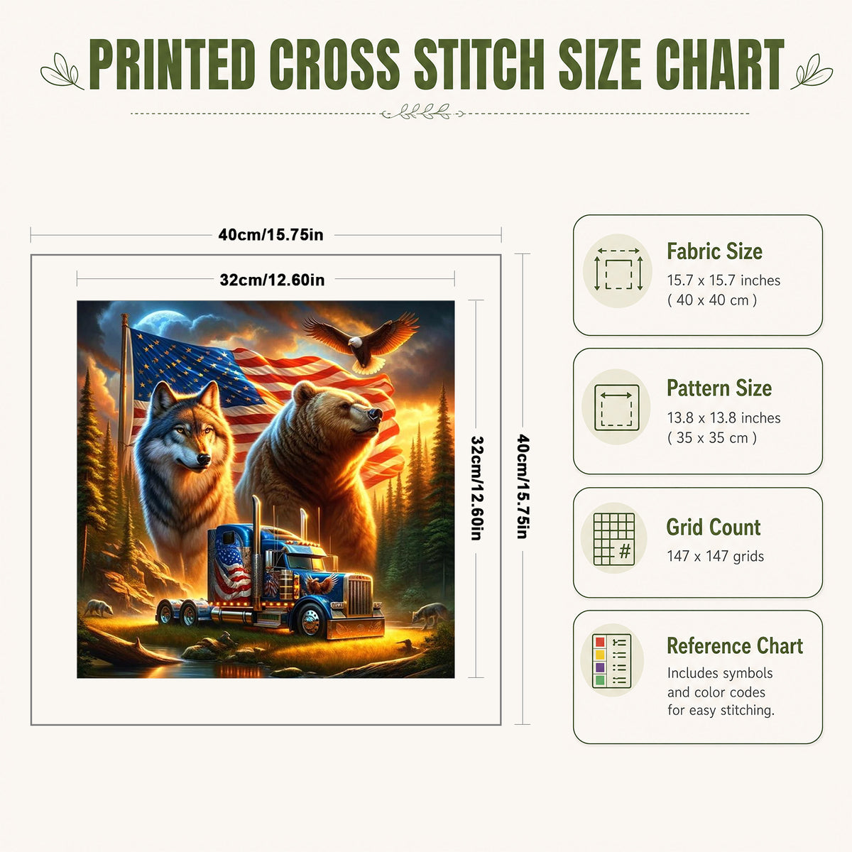 Usa Forest Beast Trucker - Full 11CT Stamped Cross Stitch 40x40CM - Huacan