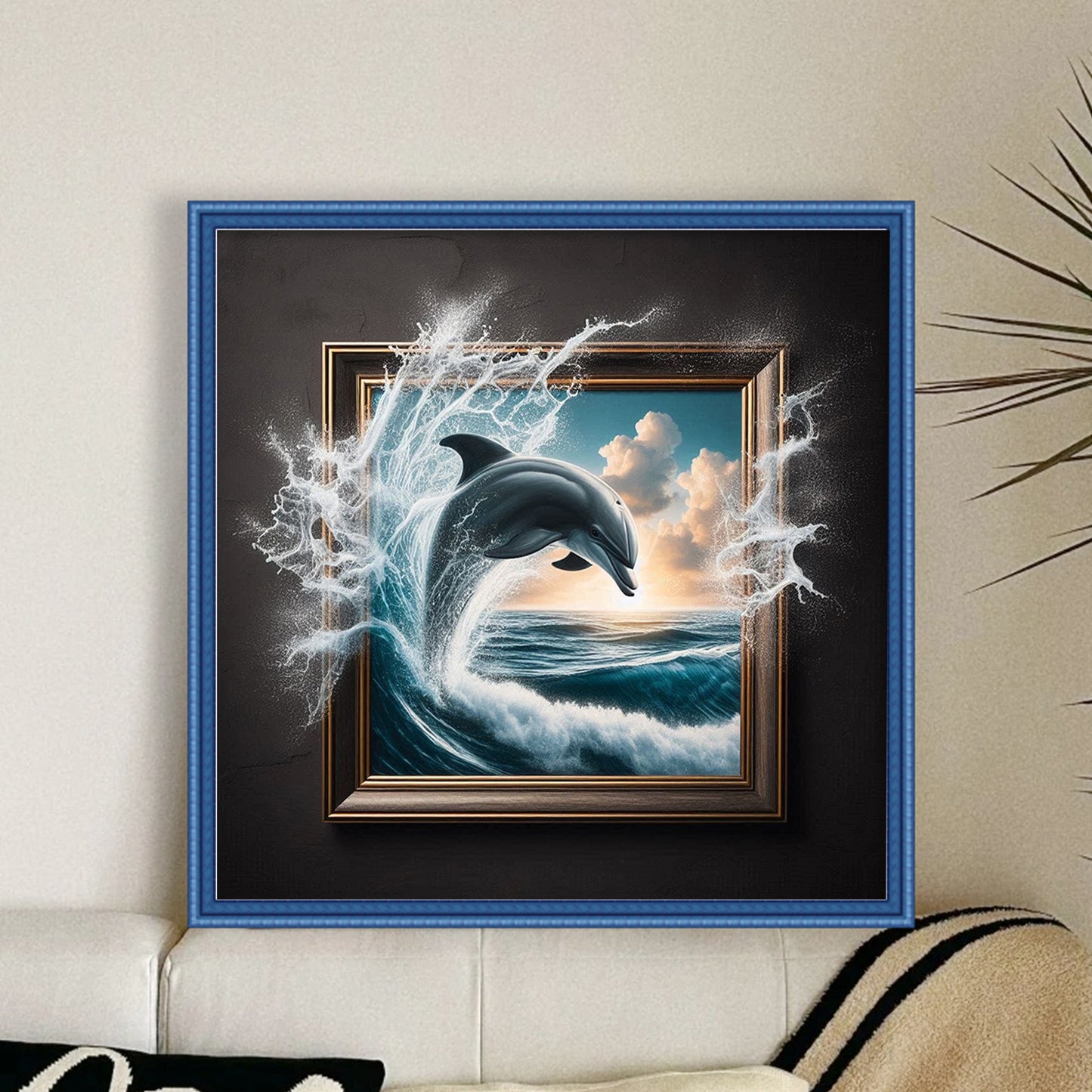 Jumping Dolphin - Full 11CT Stamped Cross Stitch 40x40CM - Huacan