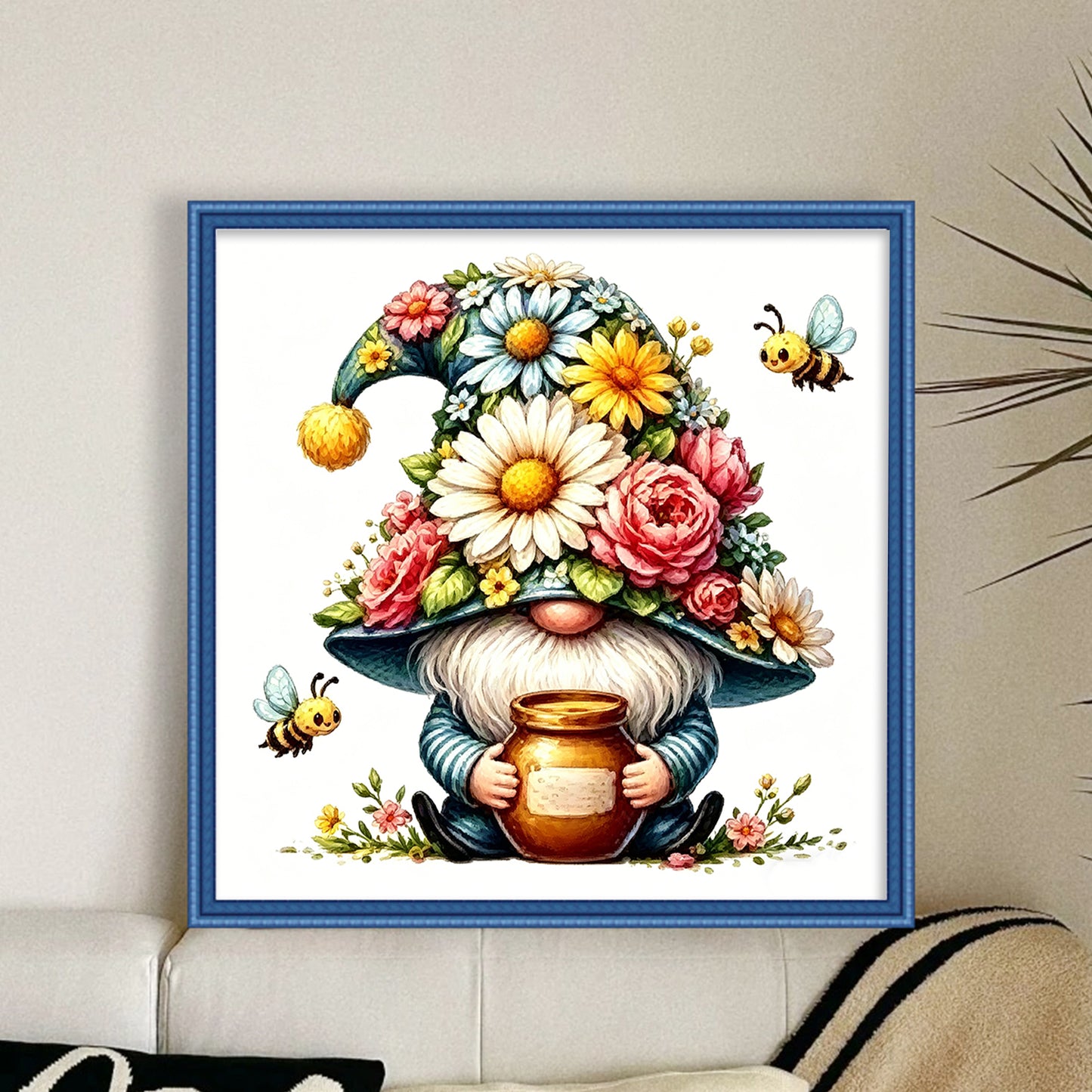 Honey And Flower Gnome - Full 14CT Stamped Cross Stitch 30x30CM - Huacan