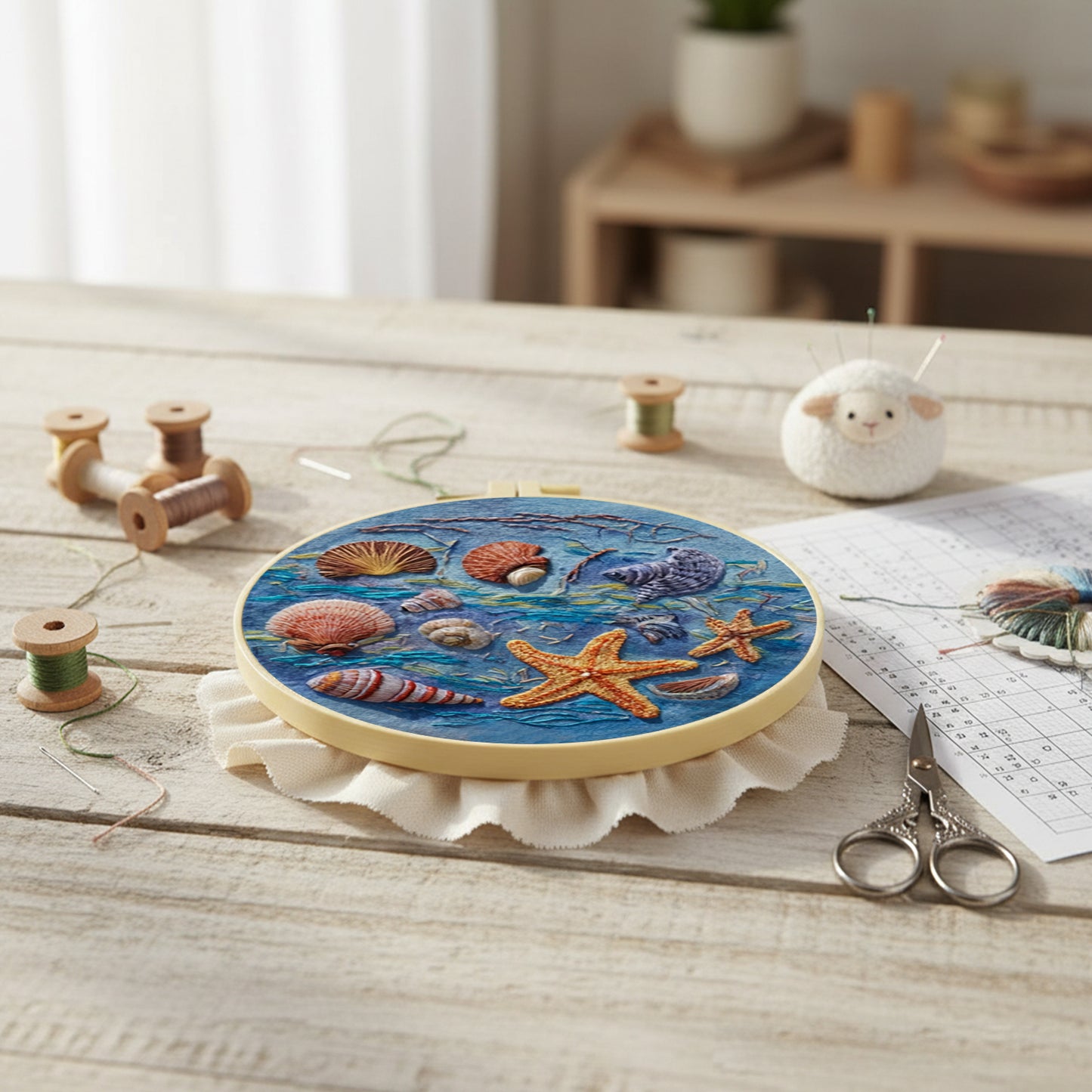 Blue Ocean - DIY Embroidery Cross Stitch Kit with Pattern Cotton Threads Needles Hoop 30x30CM/11.81x11.81in