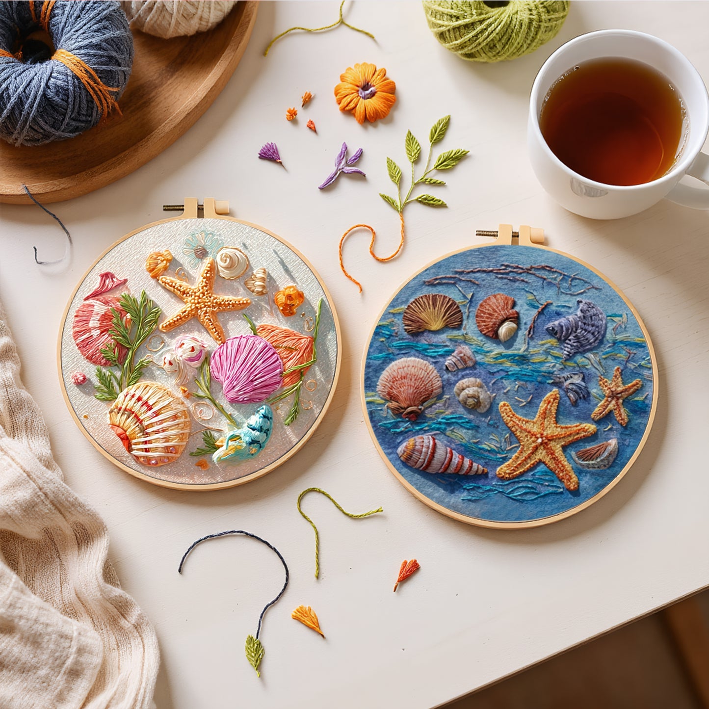 4PCS Beach Shells - DIY Embroidery Cross Stitch Kit with Pattern Cotton Threads Needles Hoop 30x30CM/11.81x11.81in