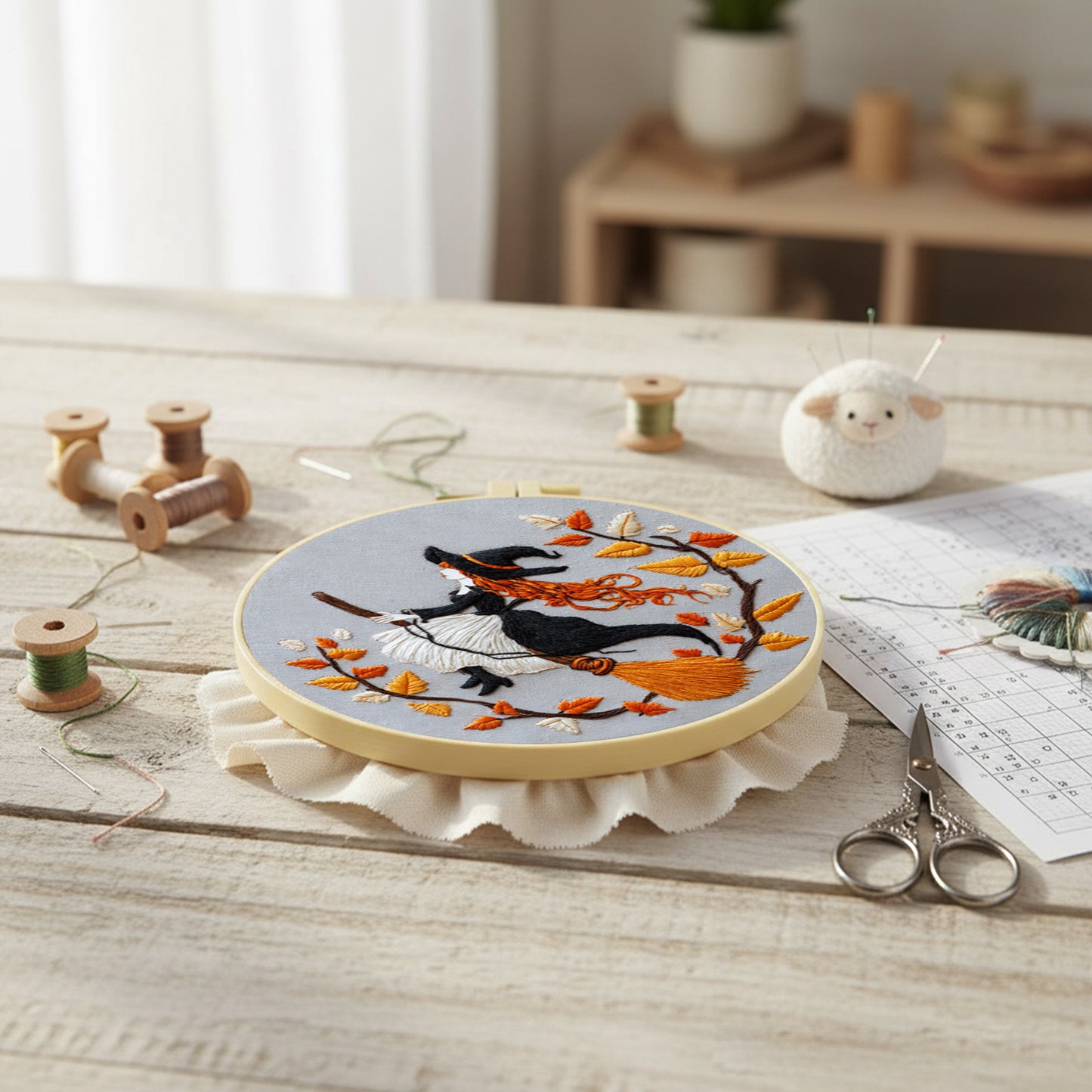 Halloween - DIY Embroidery Cross Stitch Kit with Pattern Cotton Threads Needles Hoop 24x24CM/9.45x9.45in