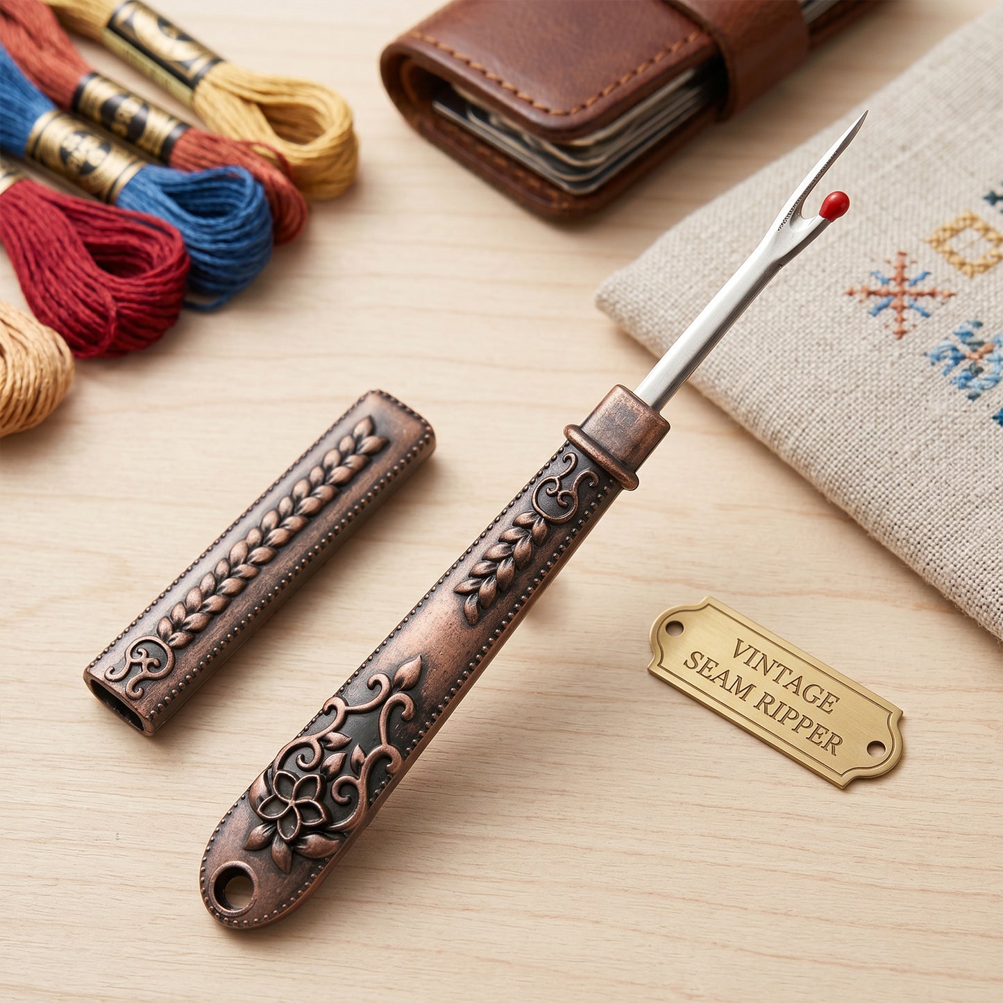 Thread Cutter Stitch Ripper Multi-Purpose Embroidery Removal Tool with Cover Metal Thread Ripper Unpicker for Handmade Needle Sewing Craft Supplies (Red Copper)