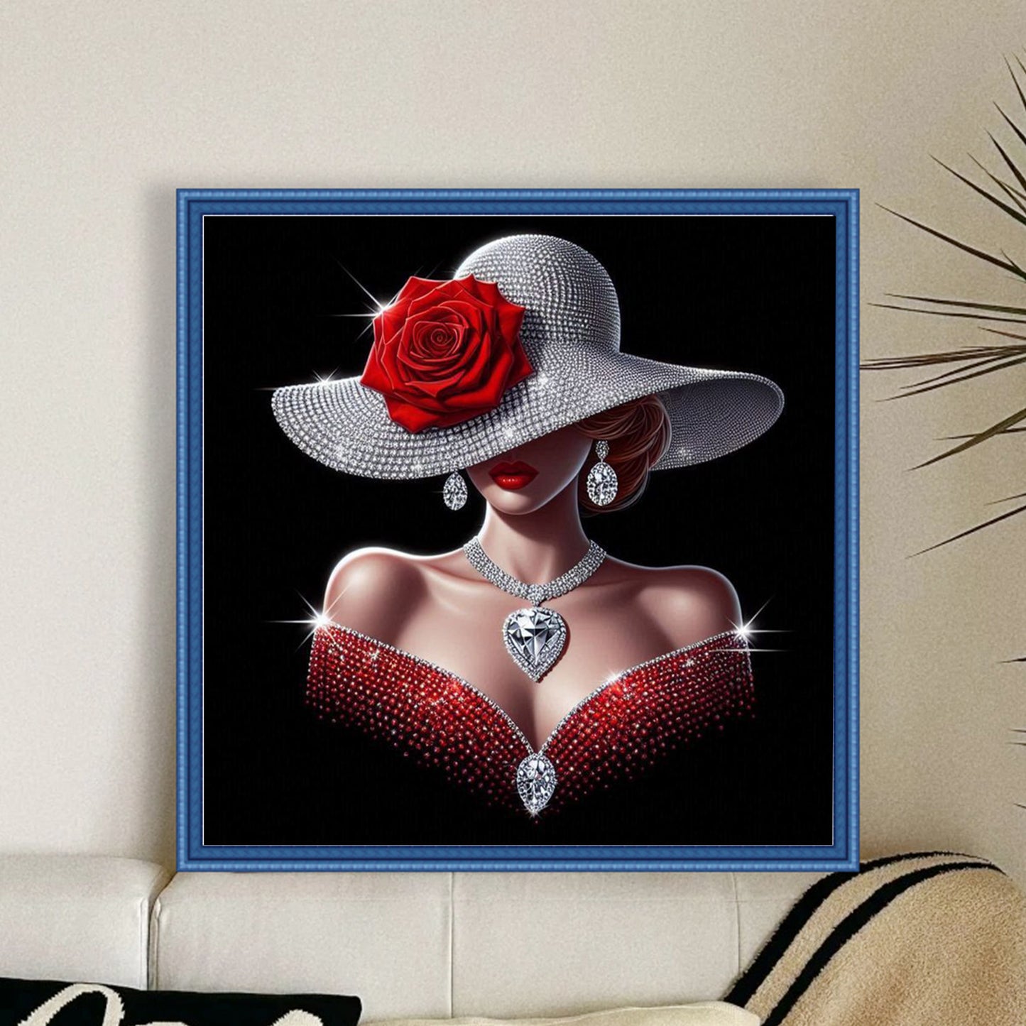 Elegant Lady - Silver Hat With Ruby Beauty - Full 11CT Stamped Cross Stitch 45x45CM - Huacan