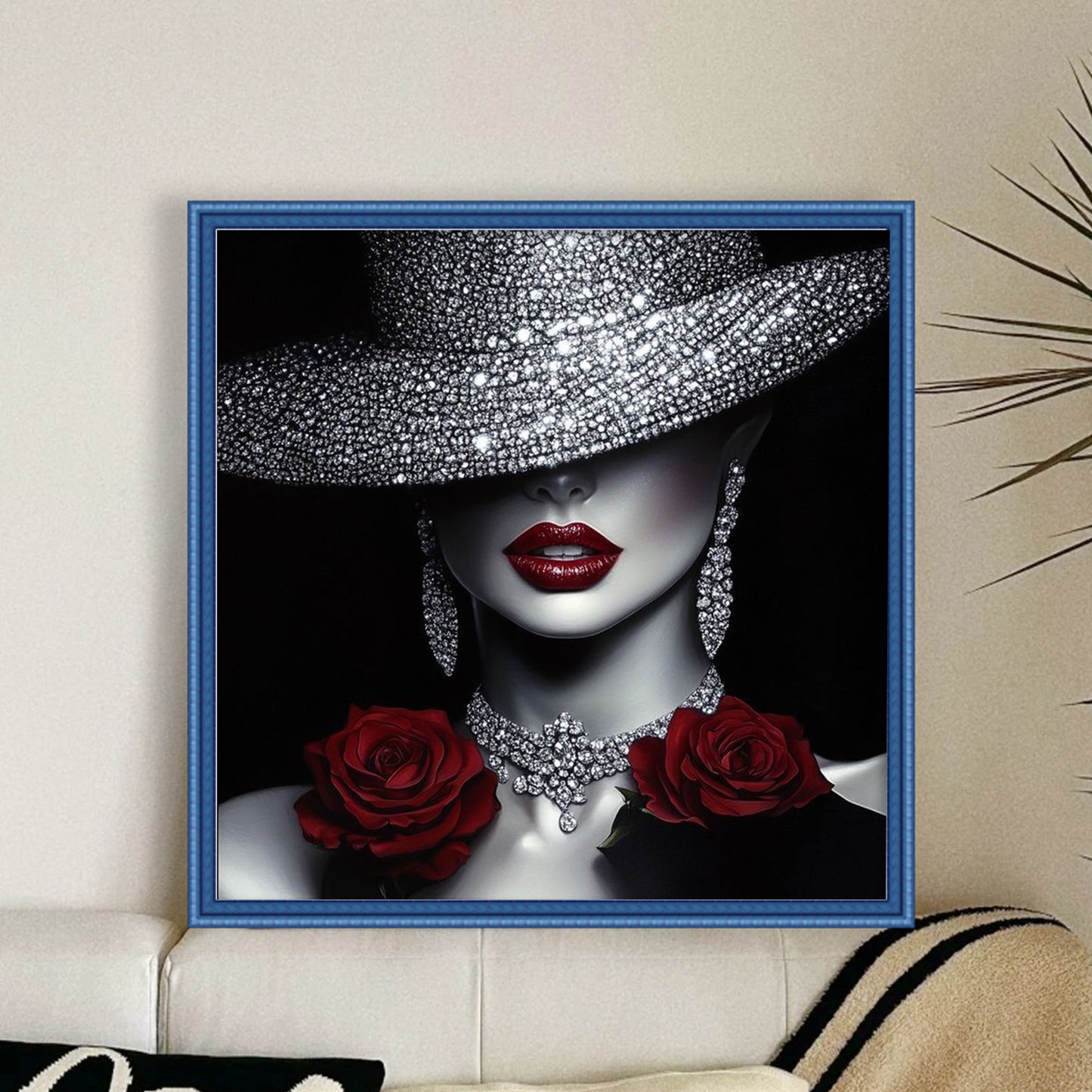 Elegant Lady - Dark Lips & Rose - Full 11CT Stamped Cross Stitch 45x45CM - Huacan