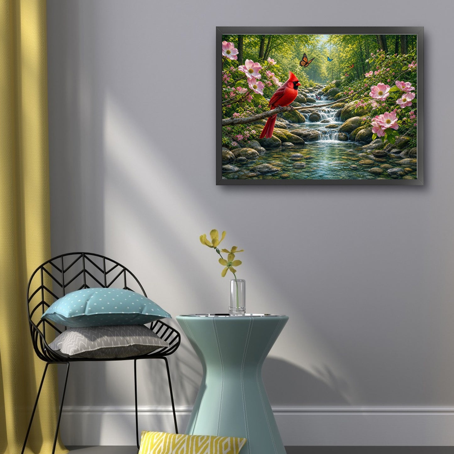 Red Bird By Forest Stream - Full 11CT Stamped Cross Stitch 50x40CM - Huacan
