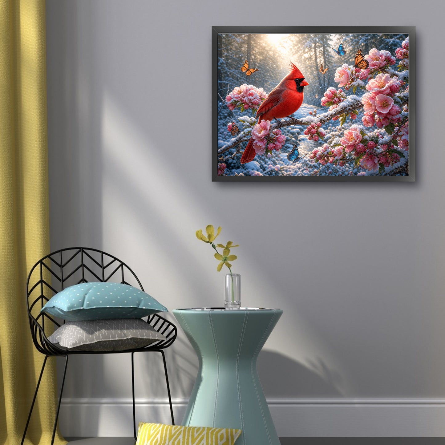 Red Bird Amid Blooms In Snow - Full 11CT Stamped Cross Stitch 50x40CM - Huacan