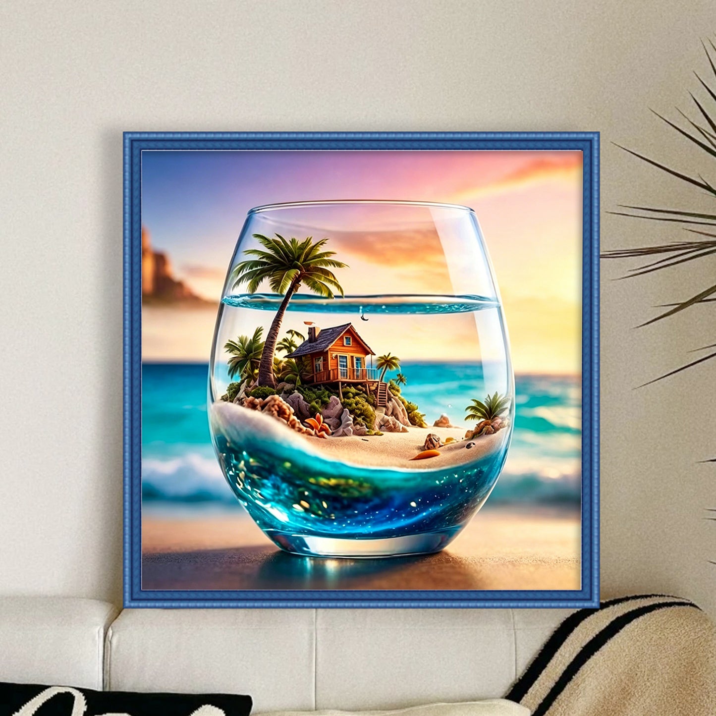 Tropical Island In Glass Cup - Full 11CT Counted Cross Stitch 45x45CM - Huacan