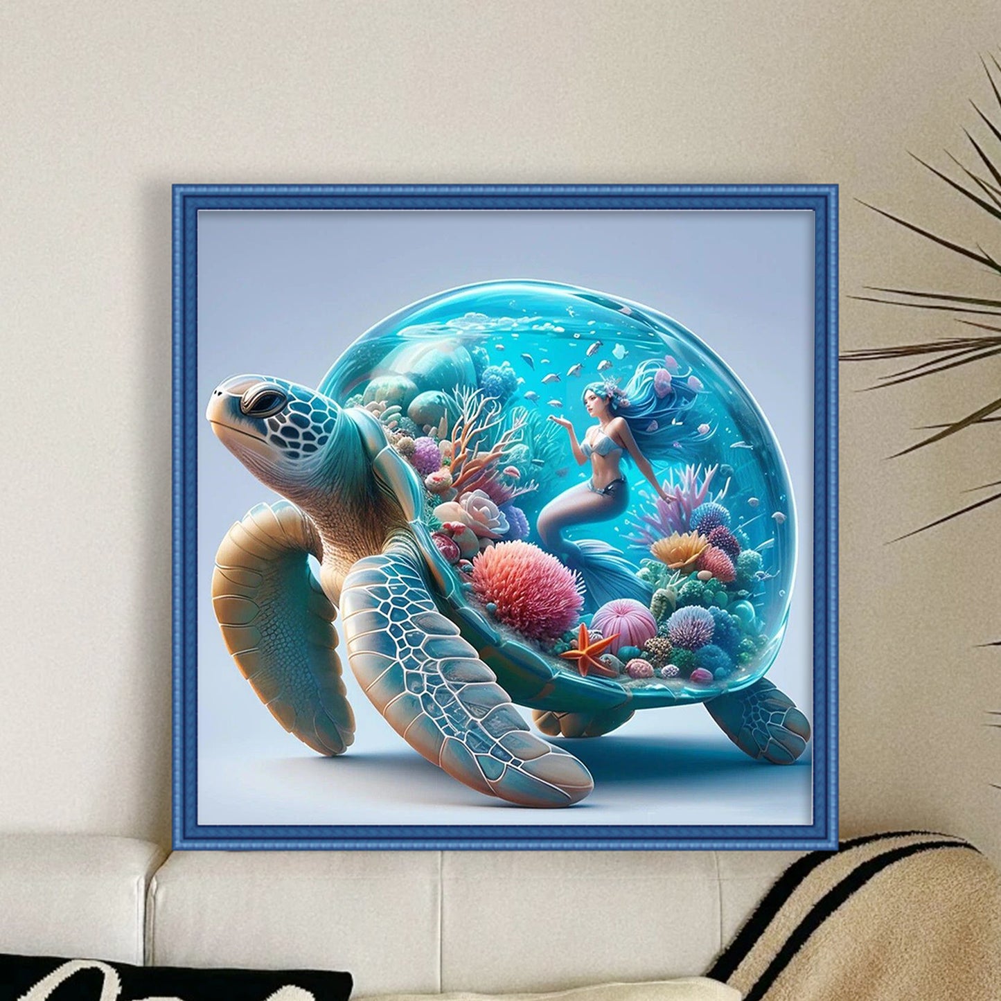 Aquarium With Mermaid On Turtle'S Back - Full 11CT Counted Cross Stitch 45x45CM - Huacan