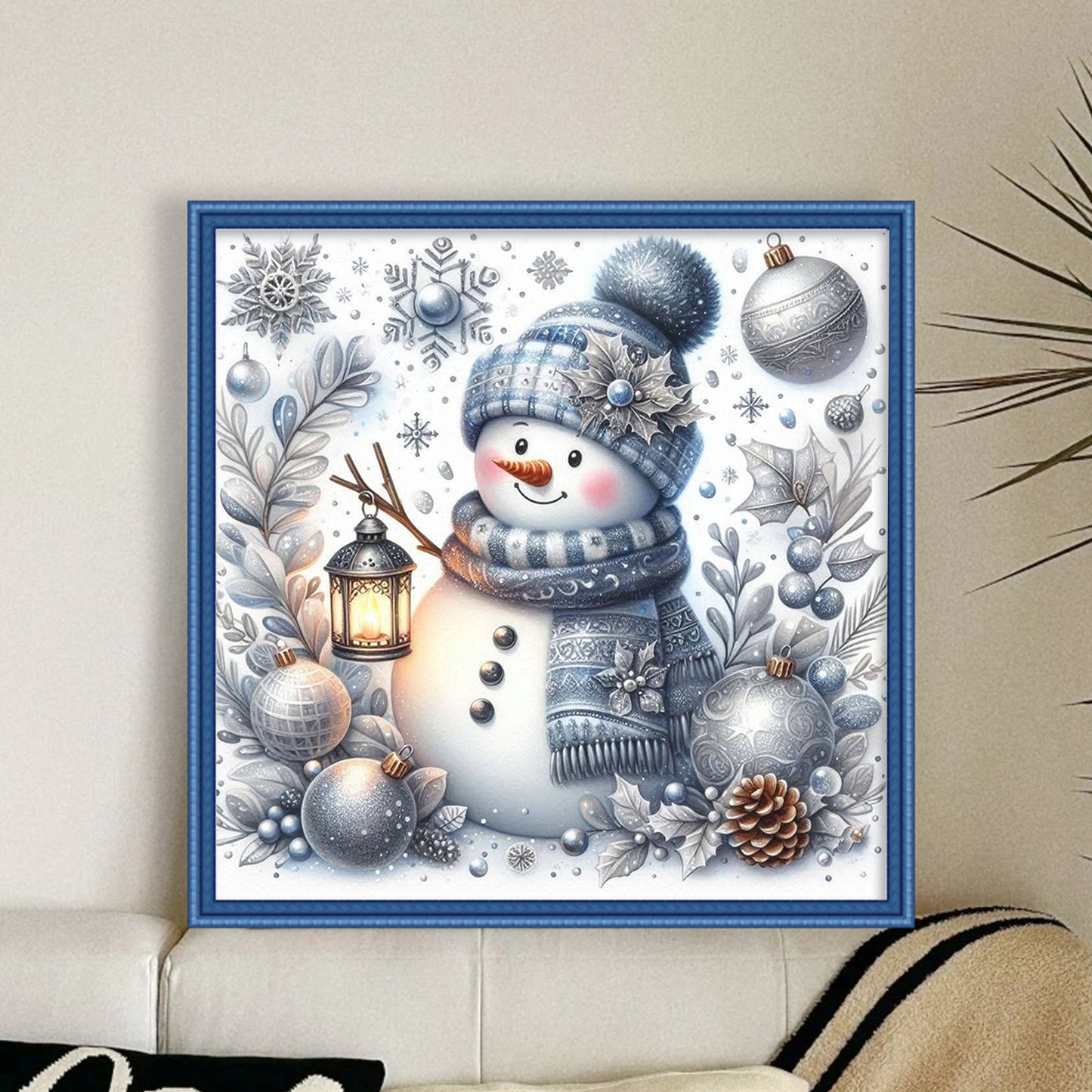 Snowman With Silver & Blue Lanterns - Full 11CT Counted Cross Stitch 40x40CM - Huacan
