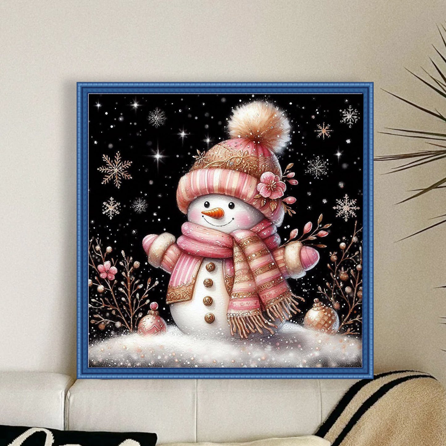 Soft Pink & Gold Snowman - Full 11CT Stamped Cross Stitch 40x40CM - Huacan