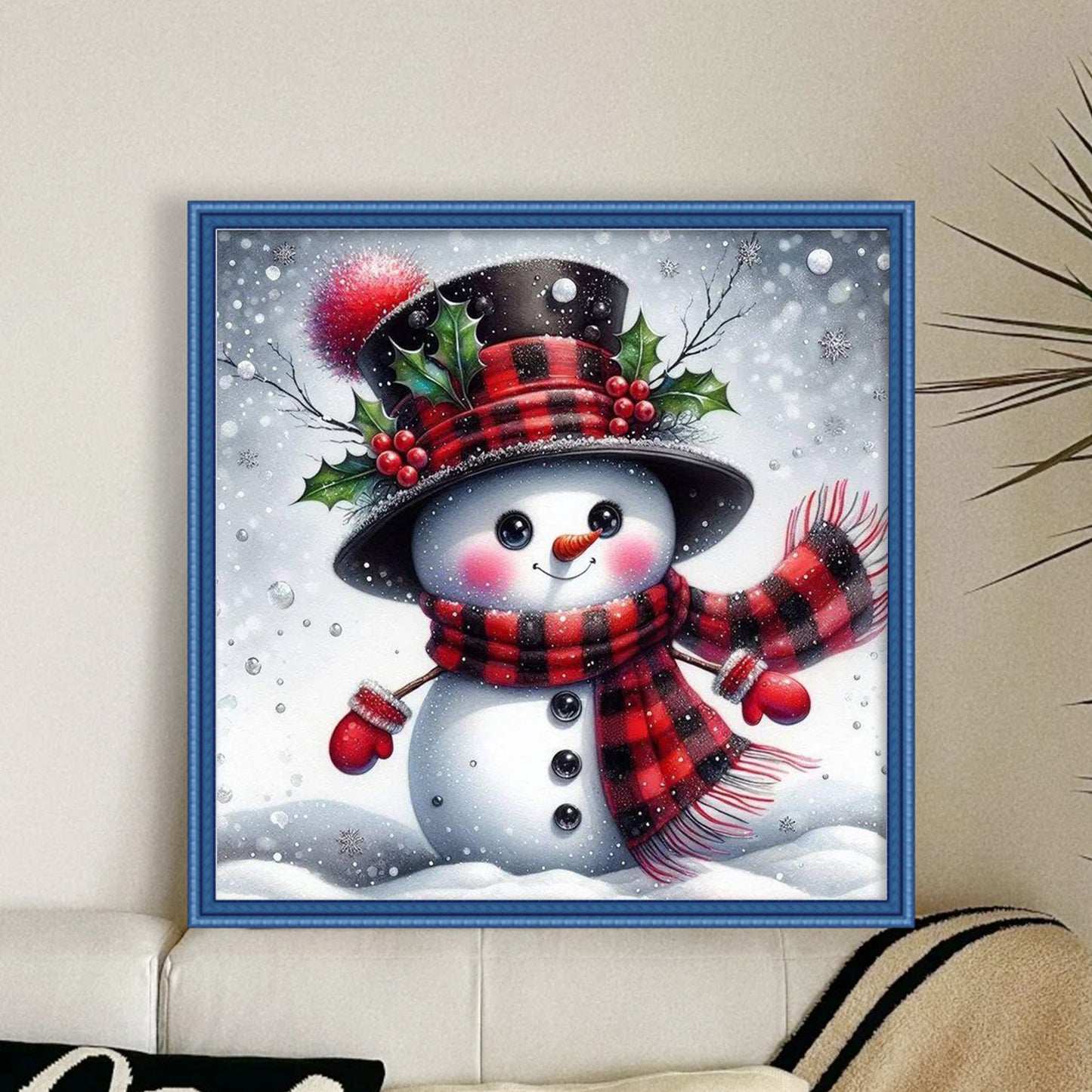 Snowman With Red & Black Plaid Hat - Full 11CT Stamped Cross Stitch 40x40CM - Huacan