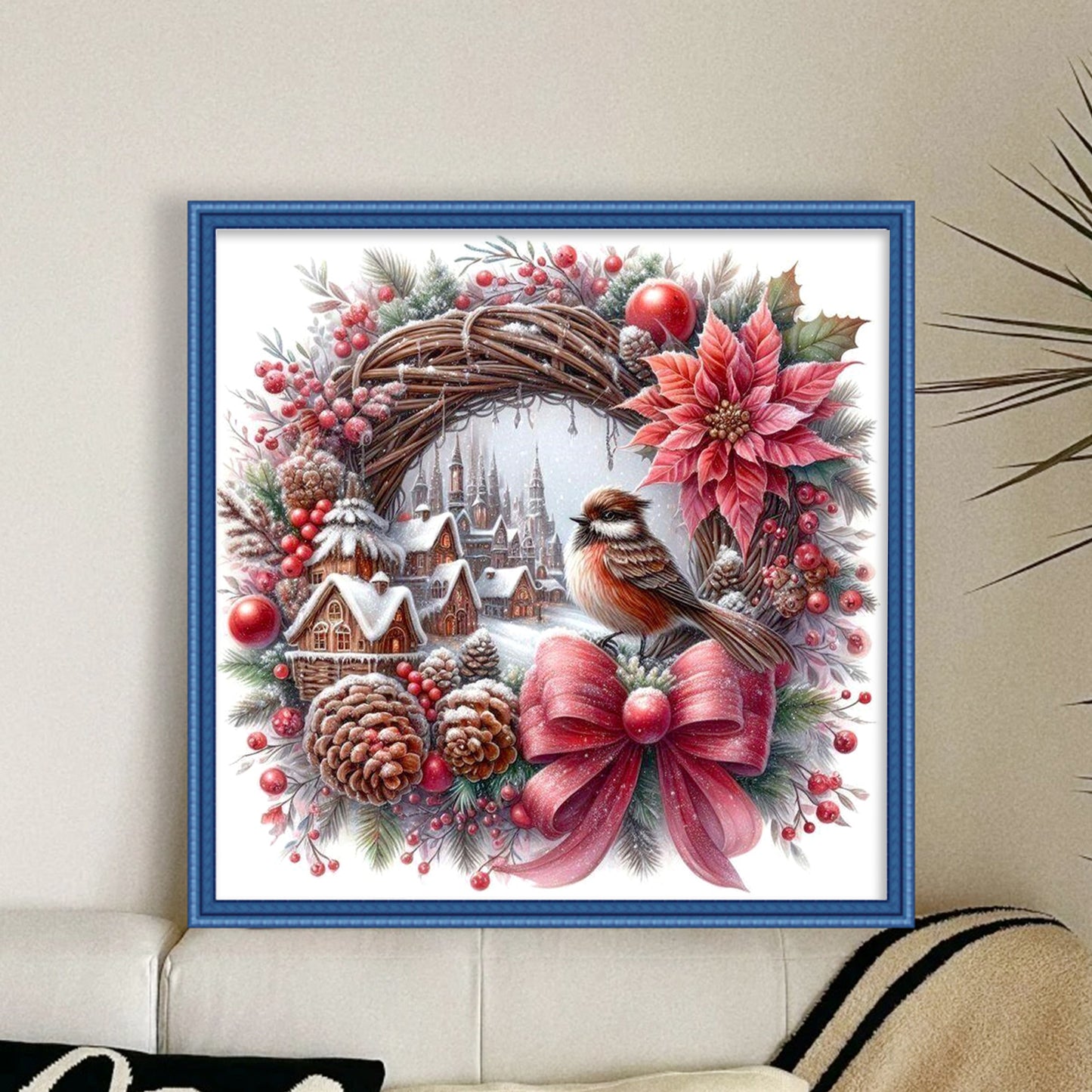 Red & Brown Vintage Bird Wreath - Full 11CT Stamped Cross Stitch 40x40CM - Huacan