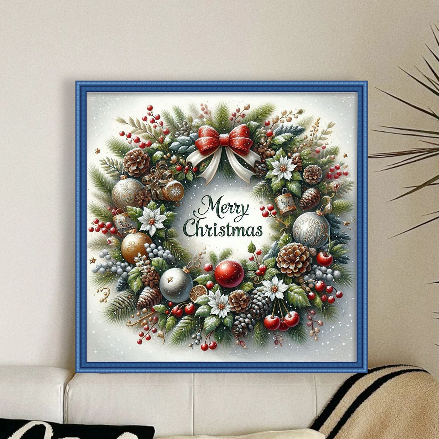 Classic Red & Green Christmas Wreath - Full 11CT Stamped Cross Stitch 40x40CM - Huacan